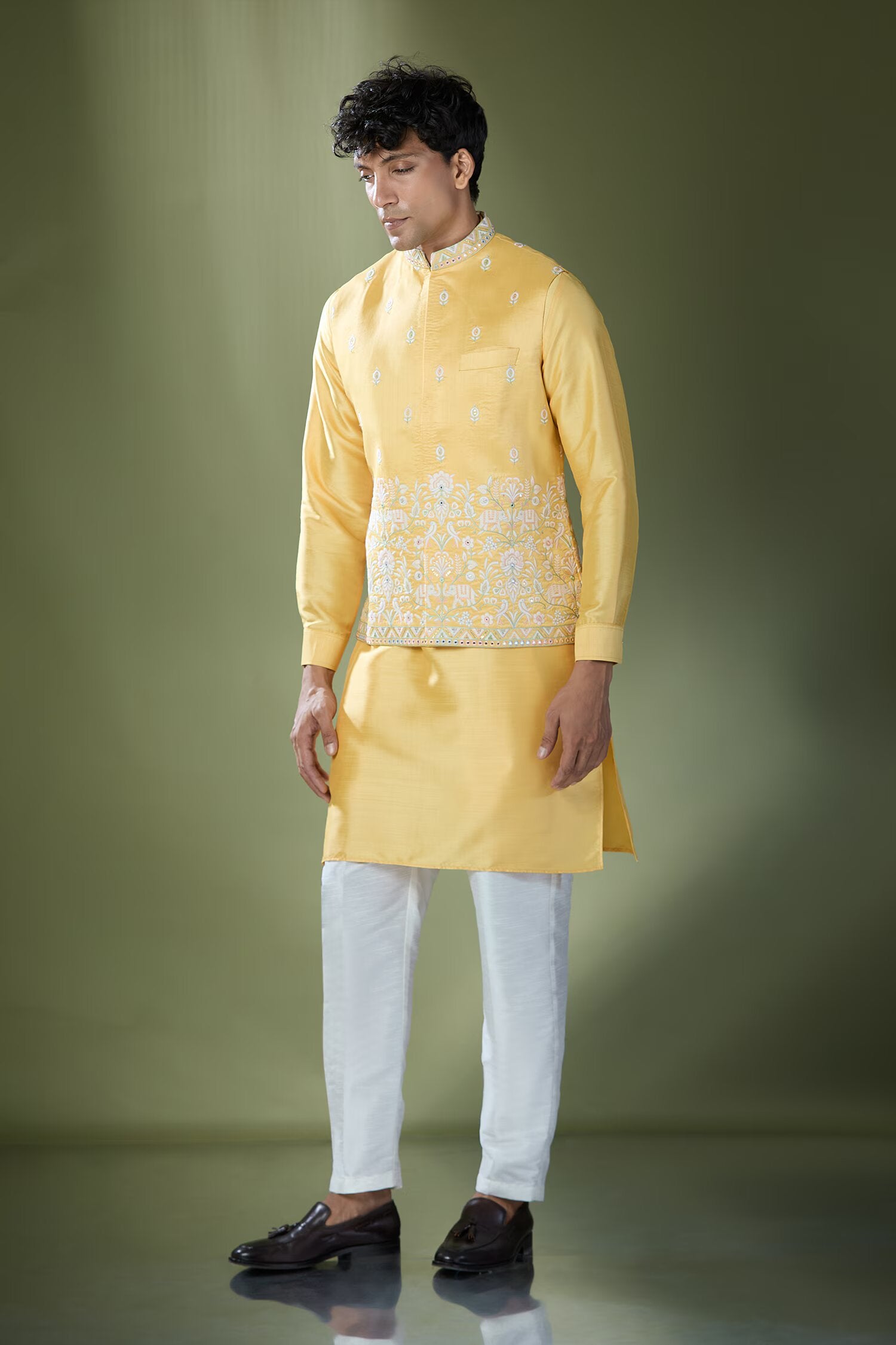 Yellow Embroidered Kurta-Jacket Set