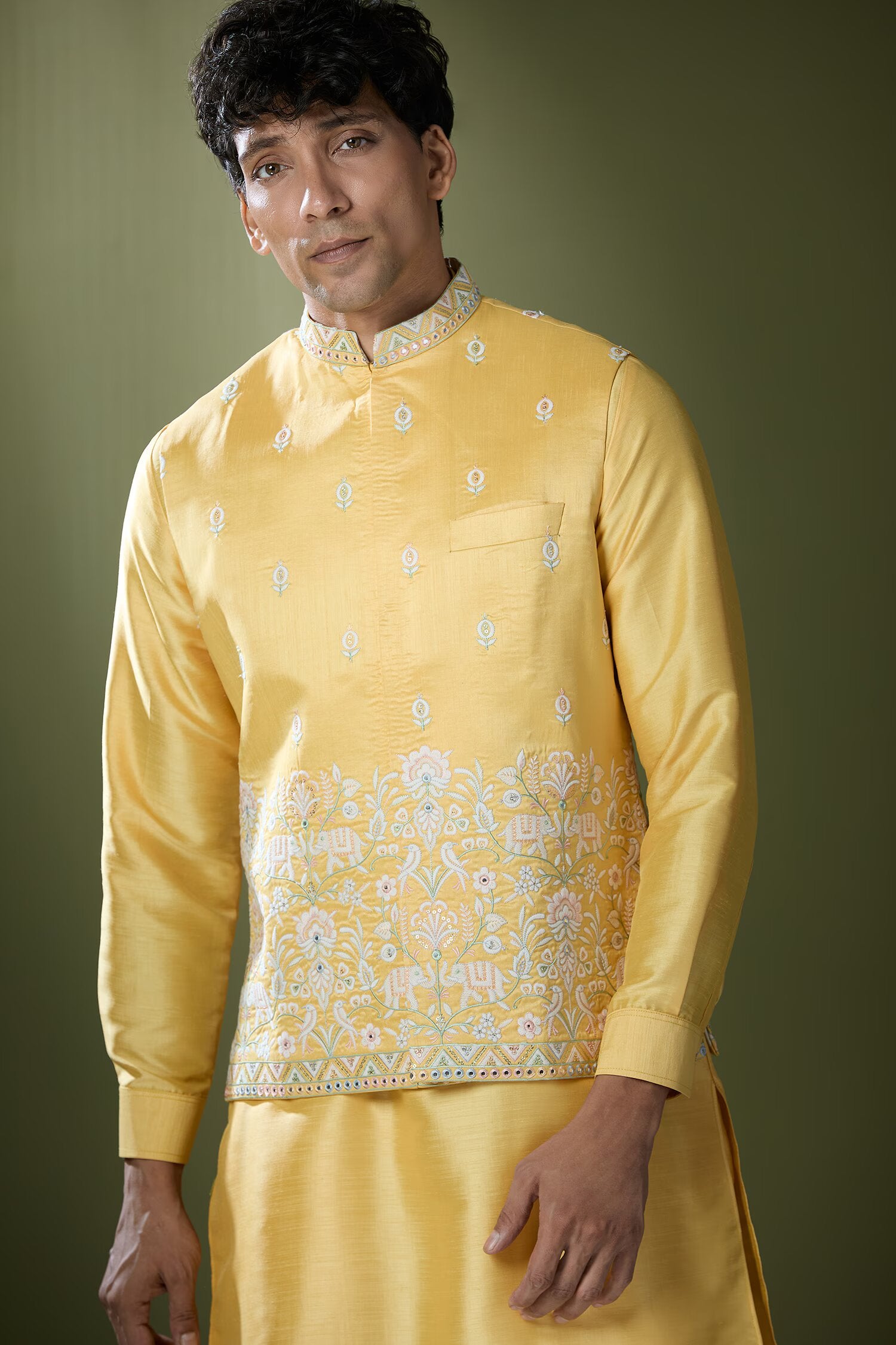 Yellow Embroidered Kurta-Jacket Set