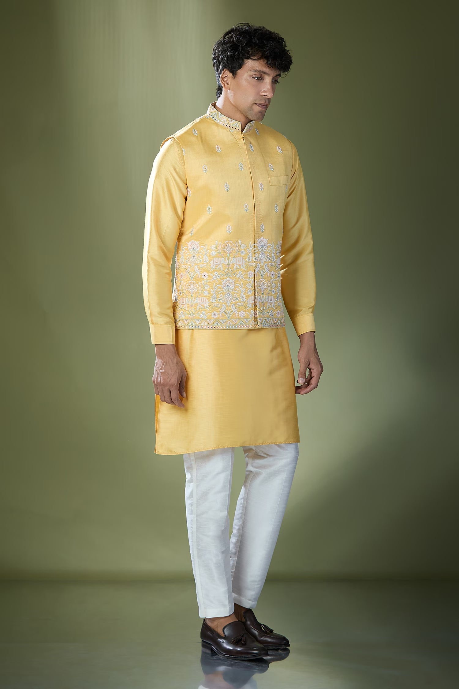 Yellow Embroidered Kurta-Jacket Set