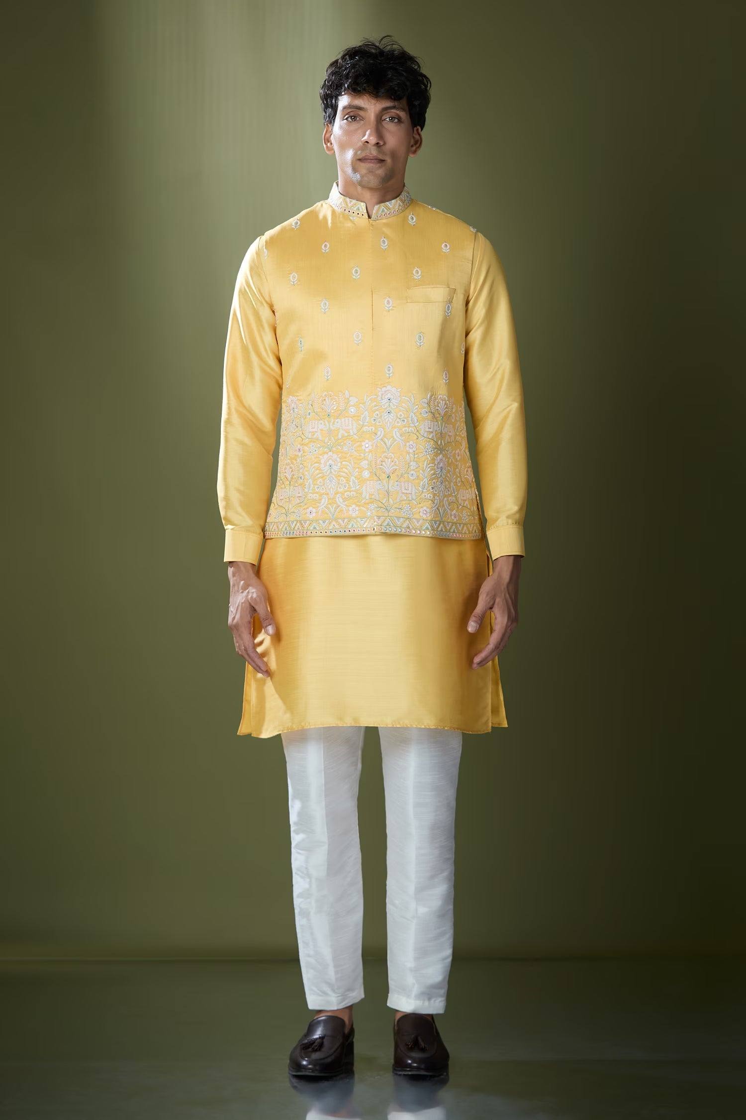 Yellow Embroidered Kurta-Jacket Set