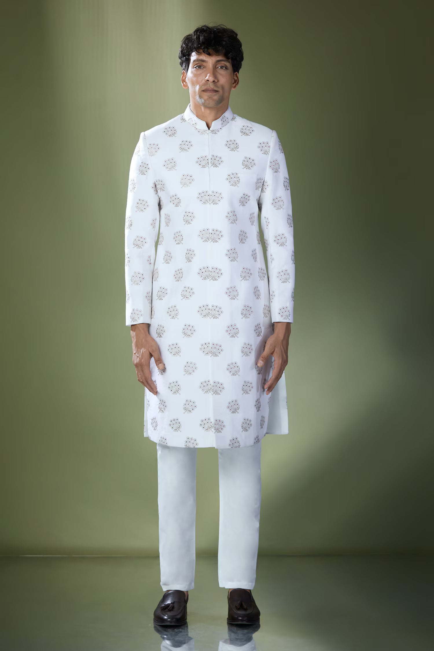 Off White Embroidered Achkan Set