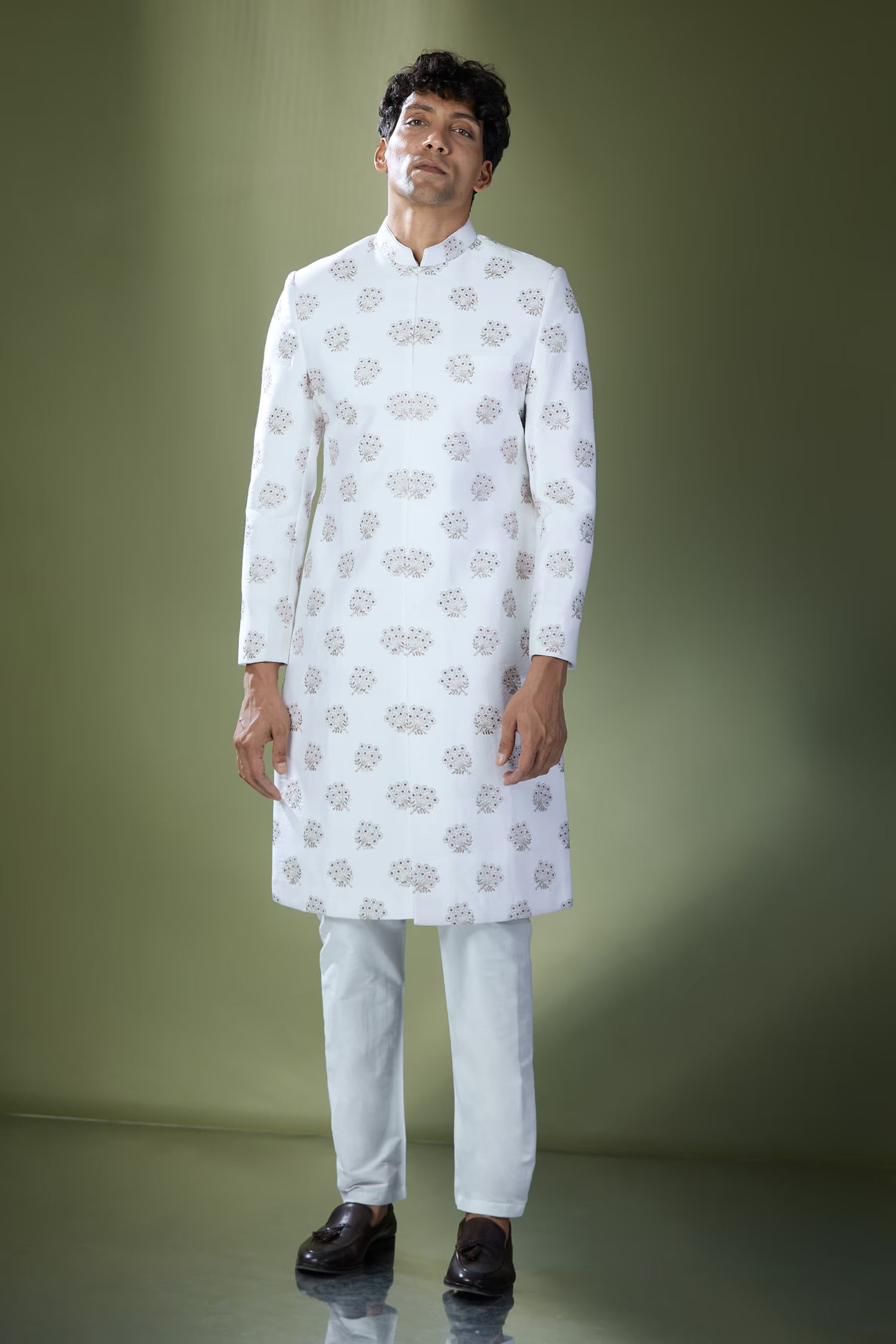 Off White Embroidered Achkan Set