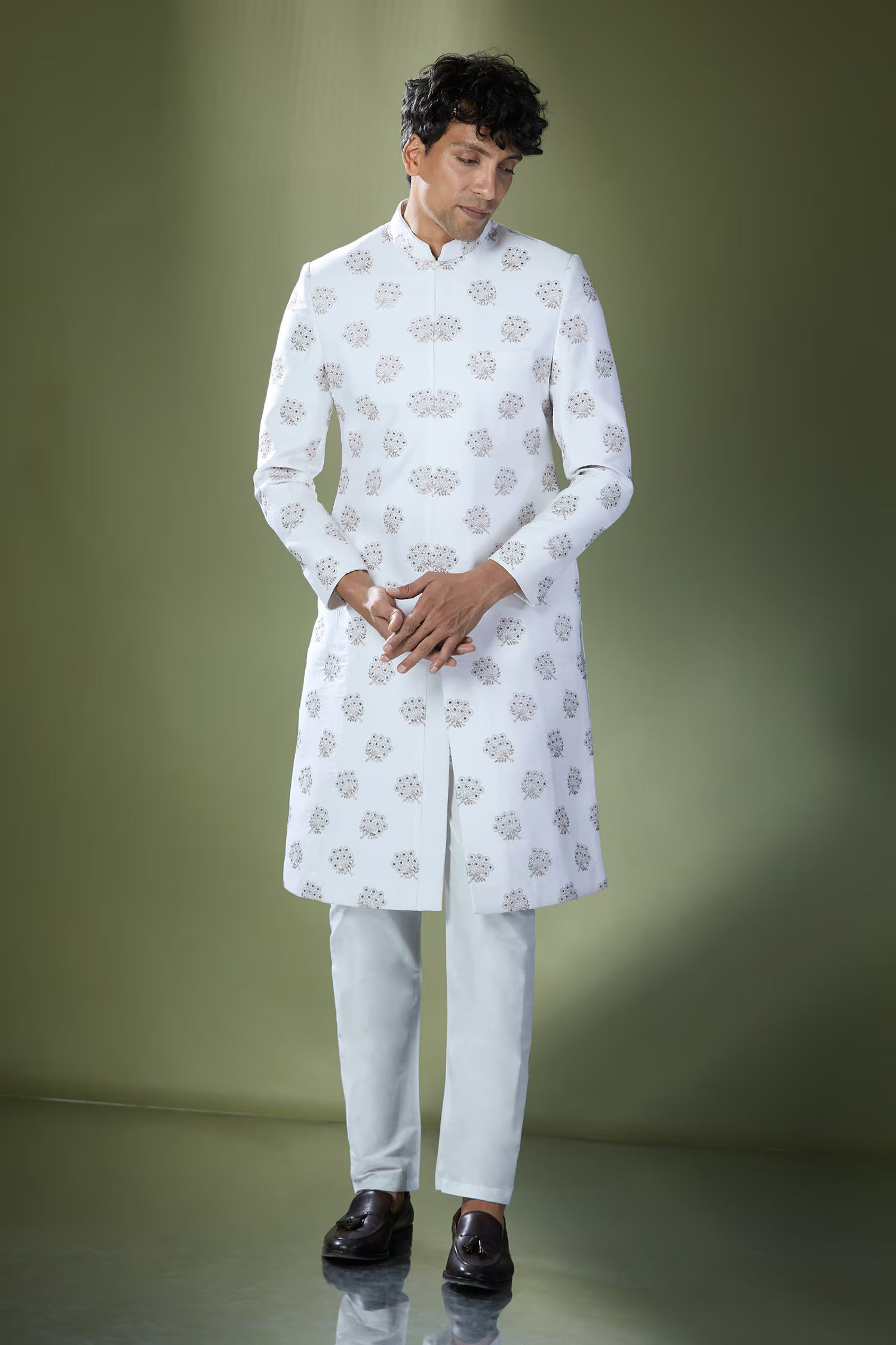 Off White Embroidered Achkan Set