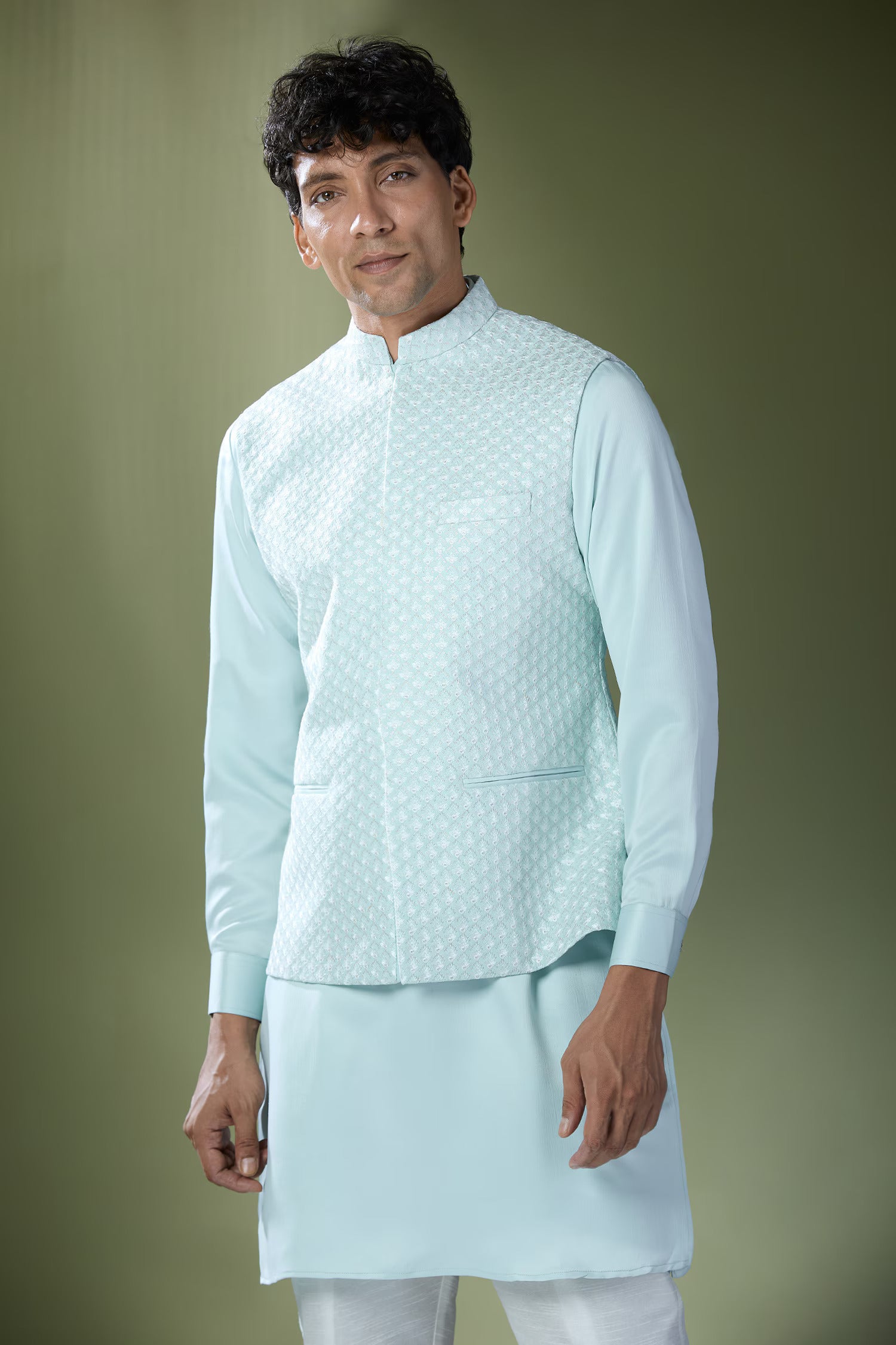 Aqua Blue Embroidered Kurta-Jacket Set