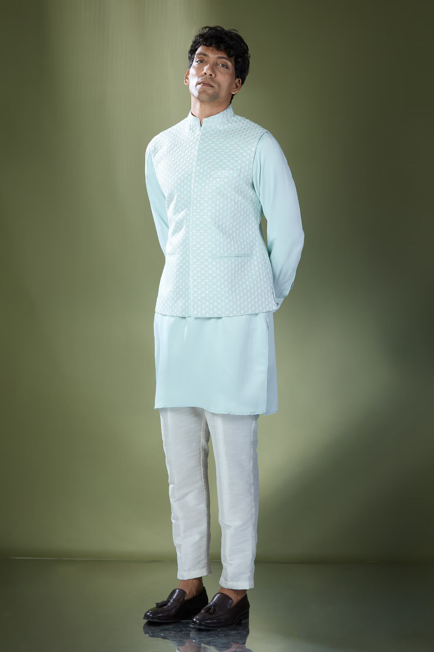 Aqua Blue Embroidered Kurta-Jacket Set