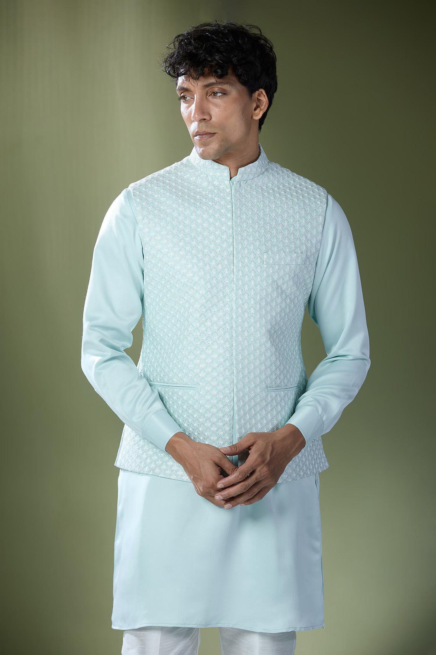 Aqua Blue Embroidered Kurta-Jacket Set