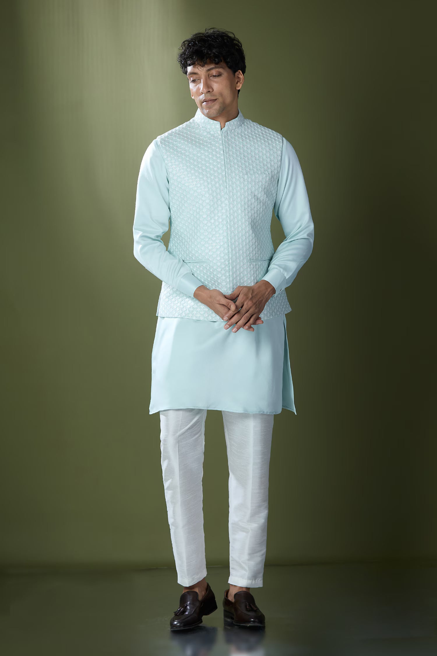 Aqua Blue Embroidered Kurta-Jacket Set