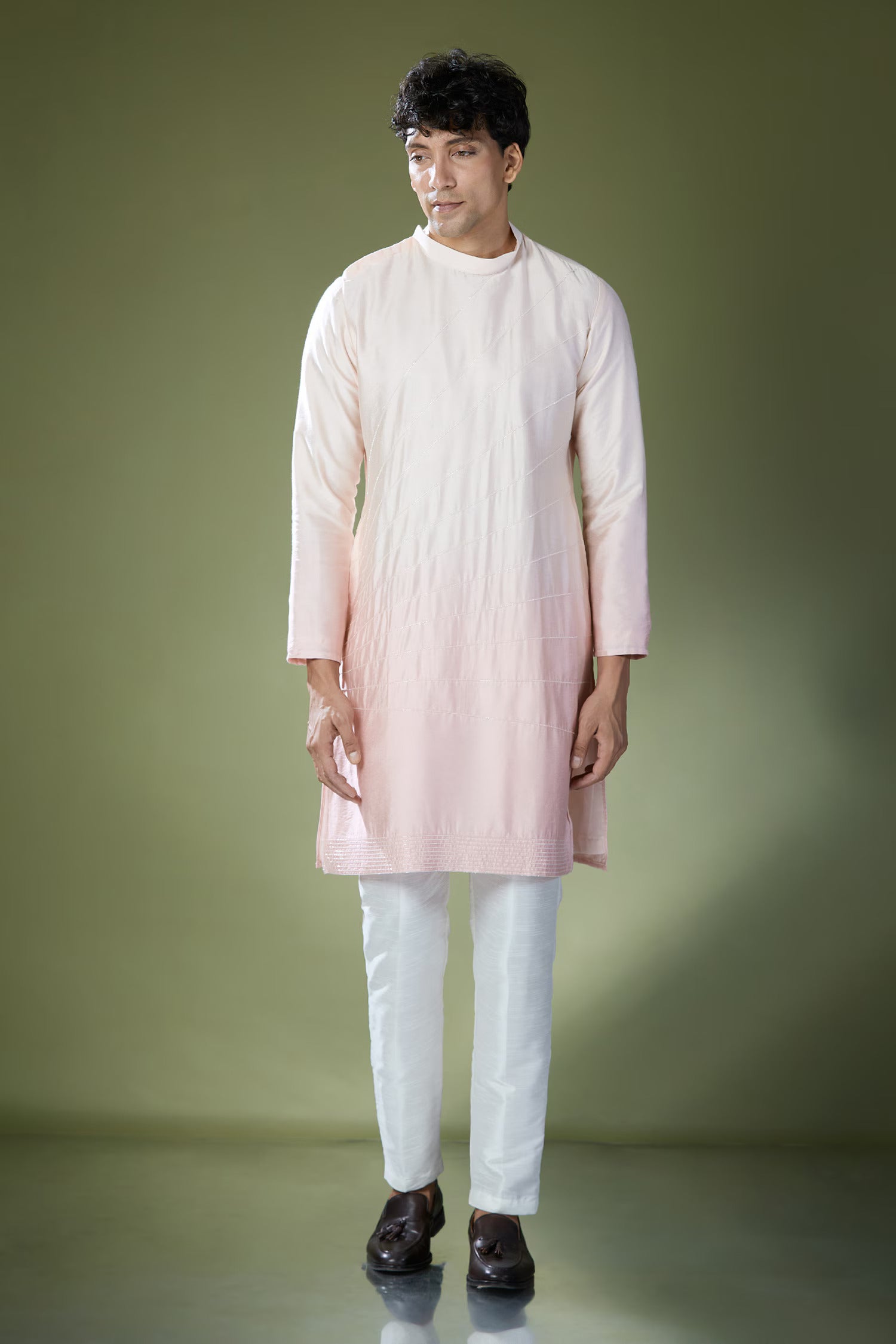 Peach Ombre High-Neck Embroidered Kurta Set