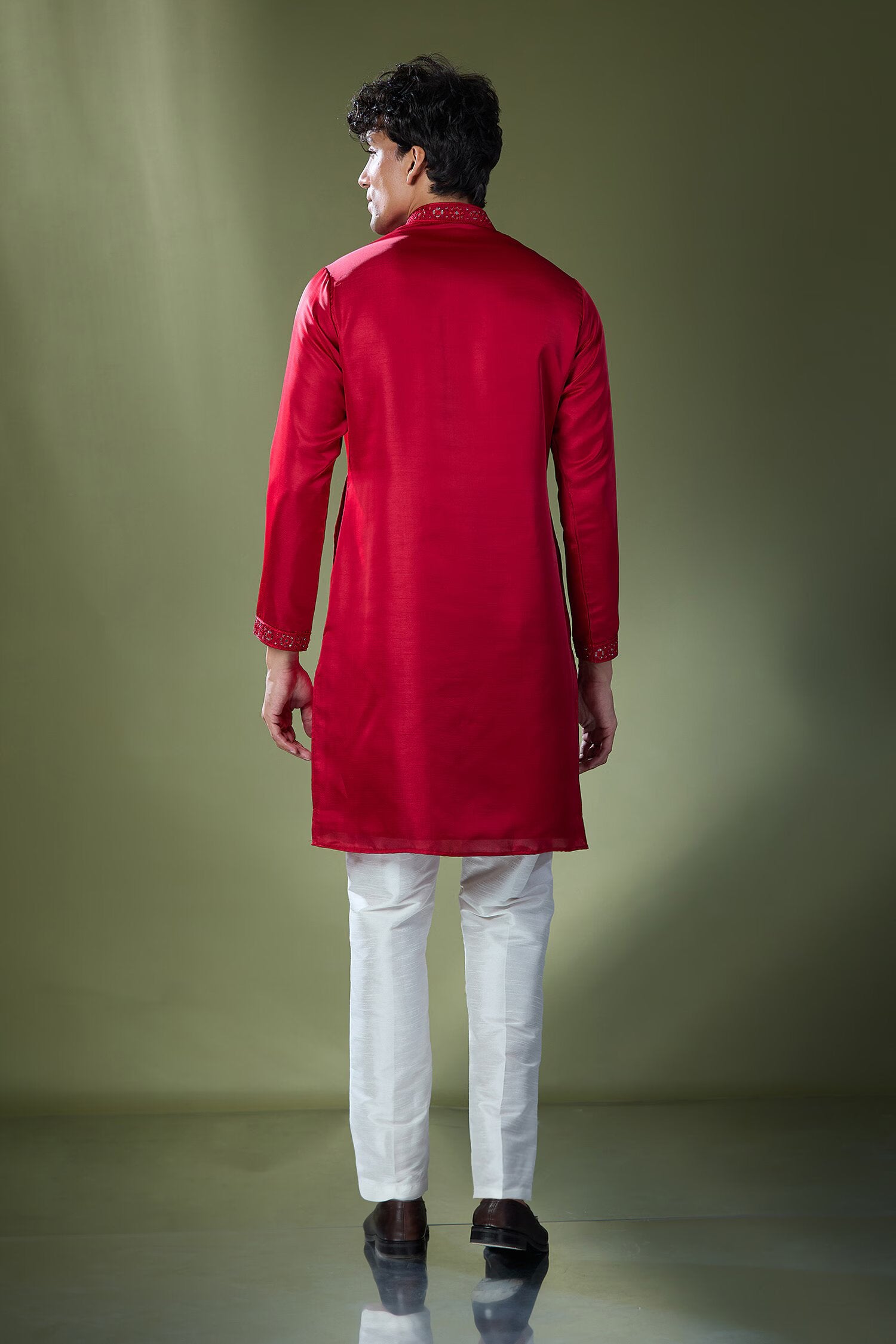 Cherry Red Mirror Embroidered Kurta Set