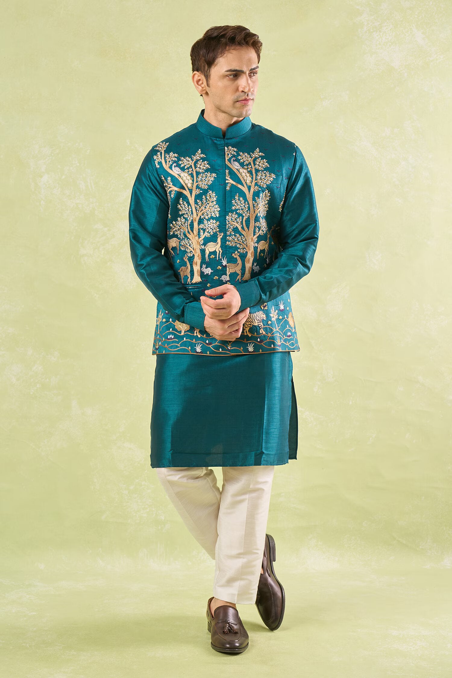Bottle Green Embroidered Kurta-Bundi Set