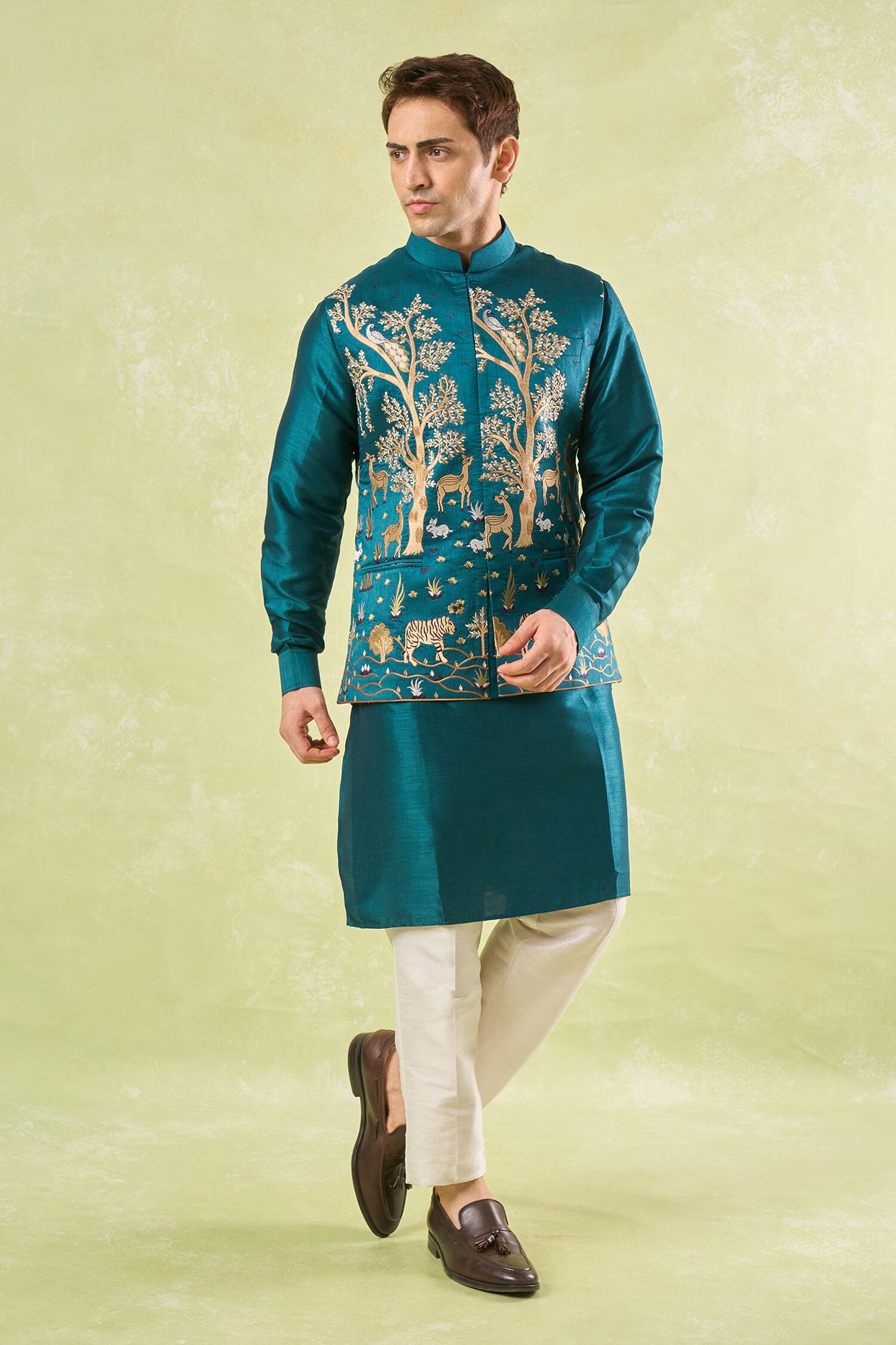 Bottle Green Embroidered Kurta-Bundi Set