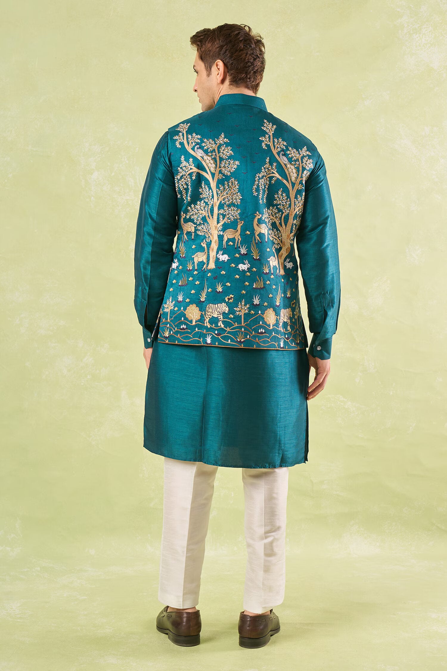 Bottle Green Embroidered Kurta-Bundi Set