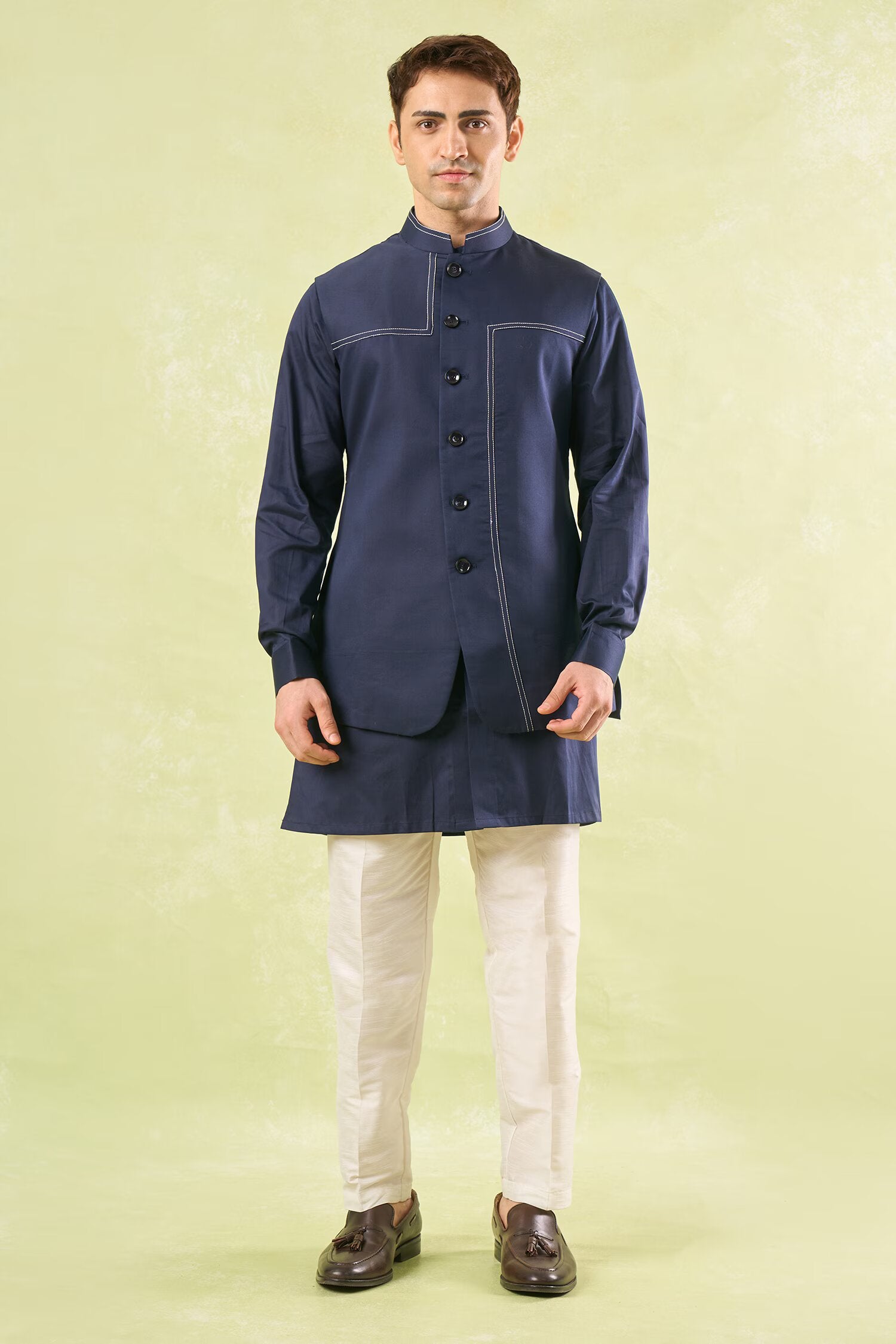 Navy Blue Running Stitch Kurta-Bundi Set