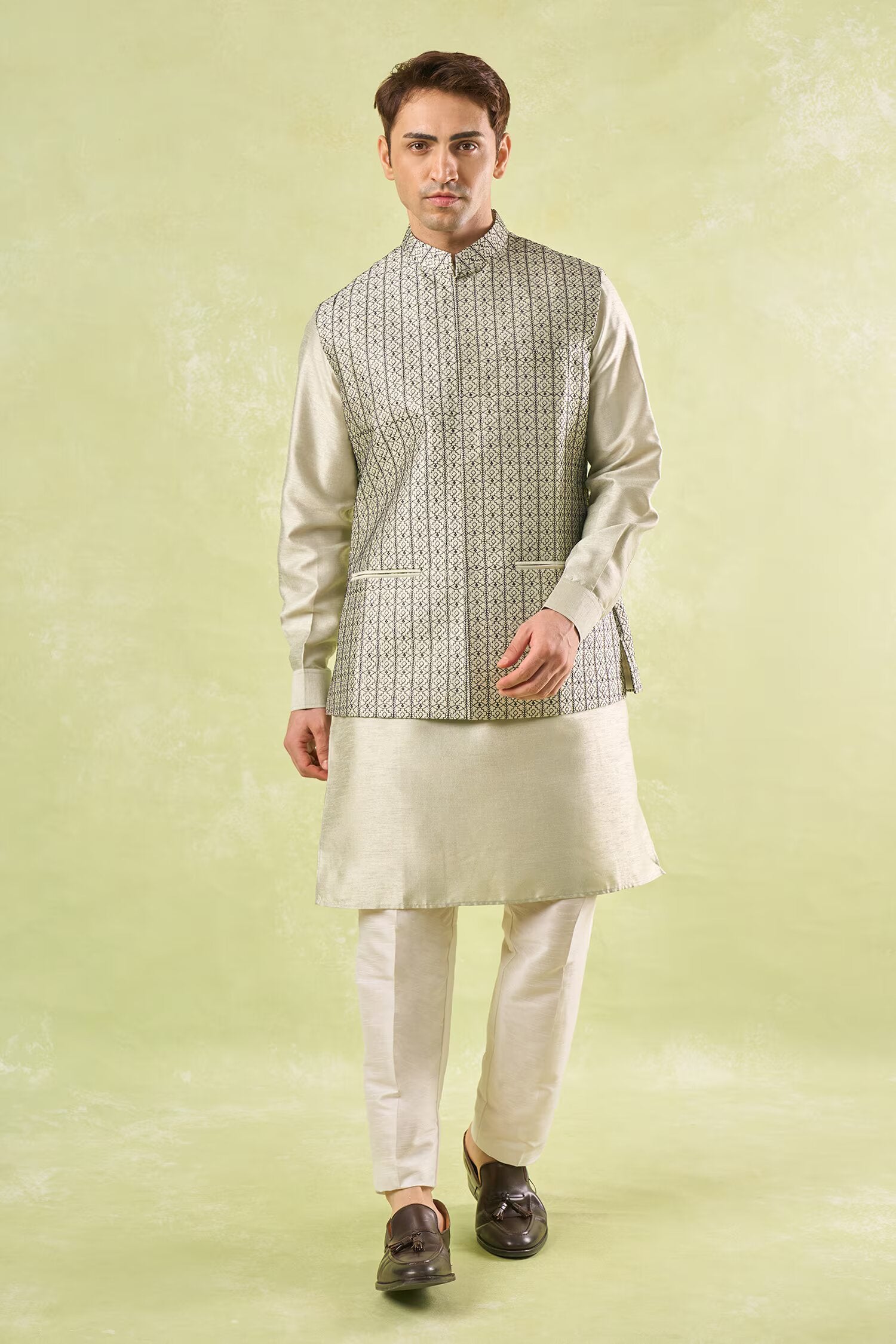 Beige Embroidered Kurta-Bundi Set