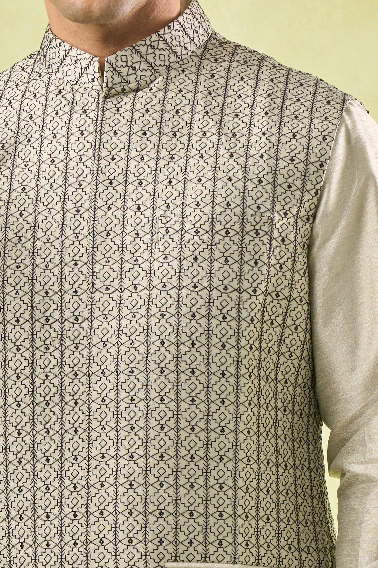 Beige Embroidered Kurta-Bundi Set