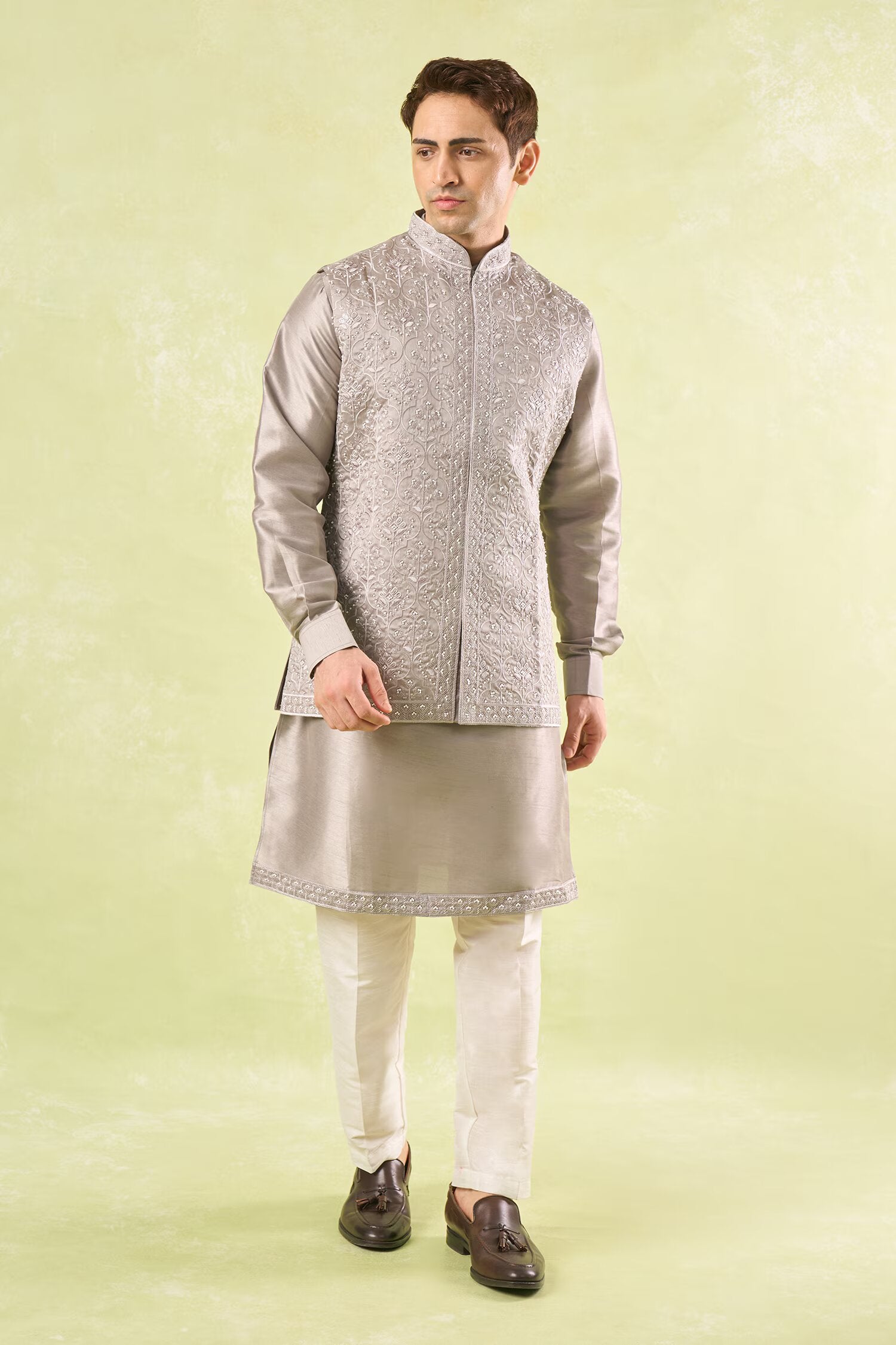 Grey Embroidered Kurta-Bundi Set