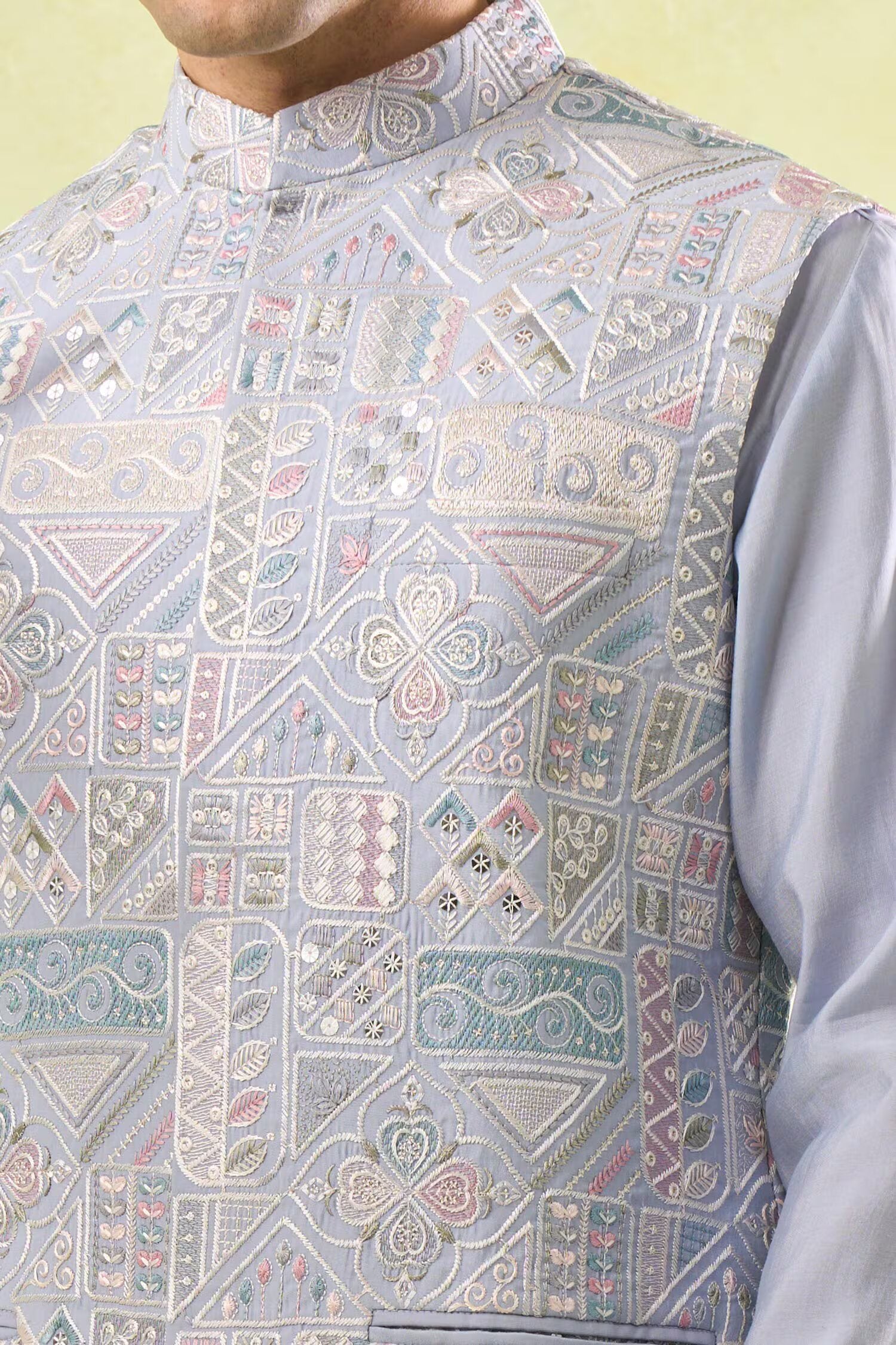 Powder Blue Embroidered Kurta-Bundi Set