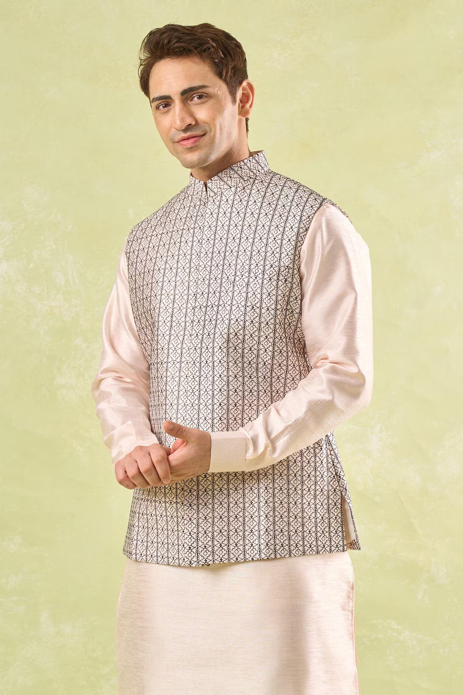 Peach Embroidered Kurta-Bundi Set