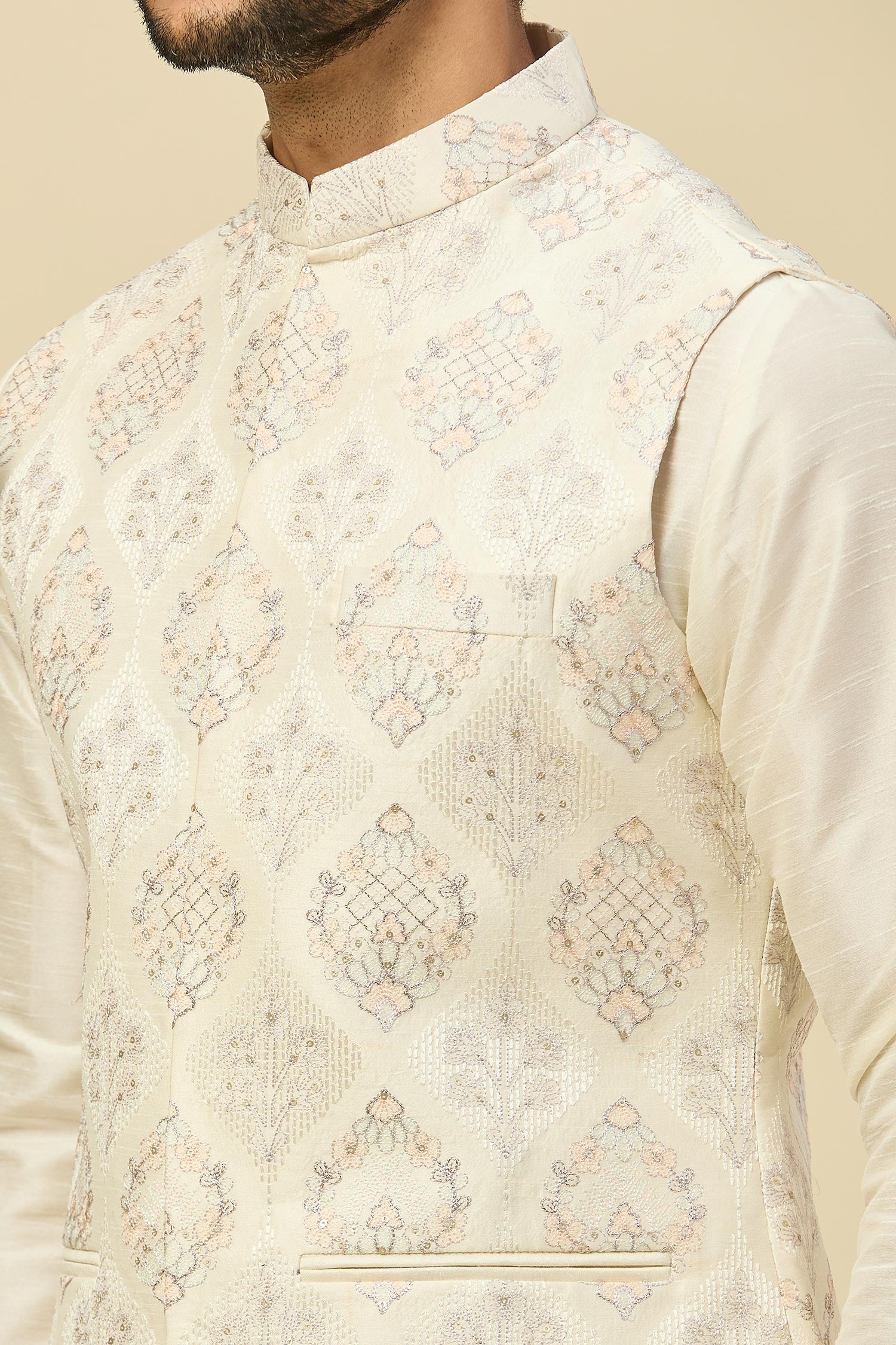 Cream Embroidered Kurta-Jacket Set