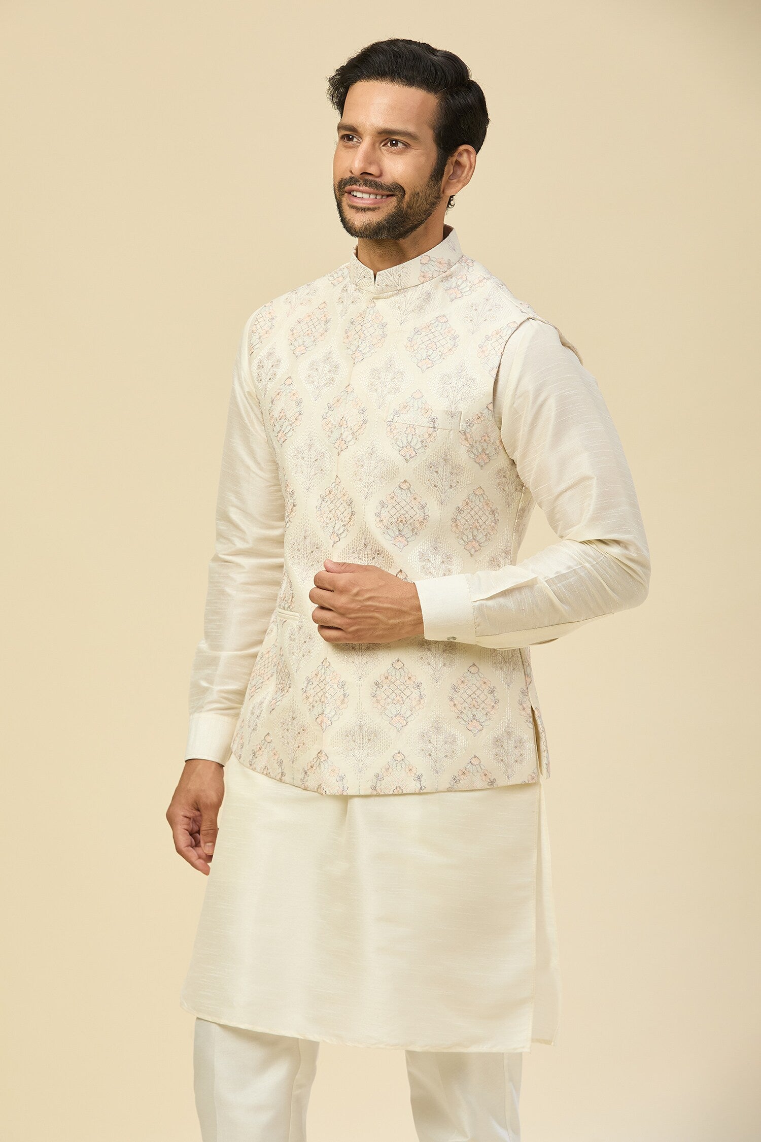 Cream Embroidered Kurta-Jacket Set