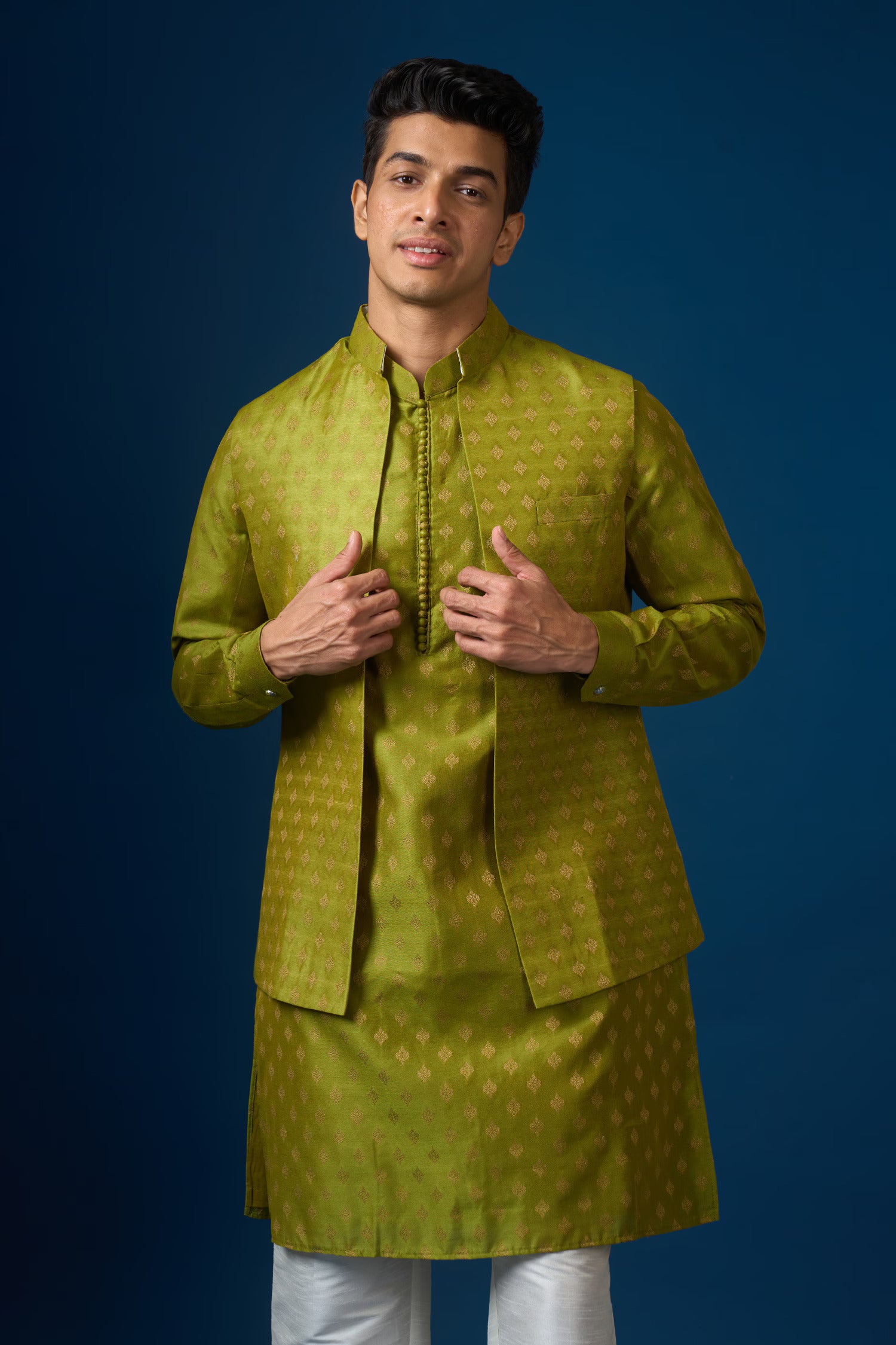 Olive Green Brocade Kurta-Bundi Set