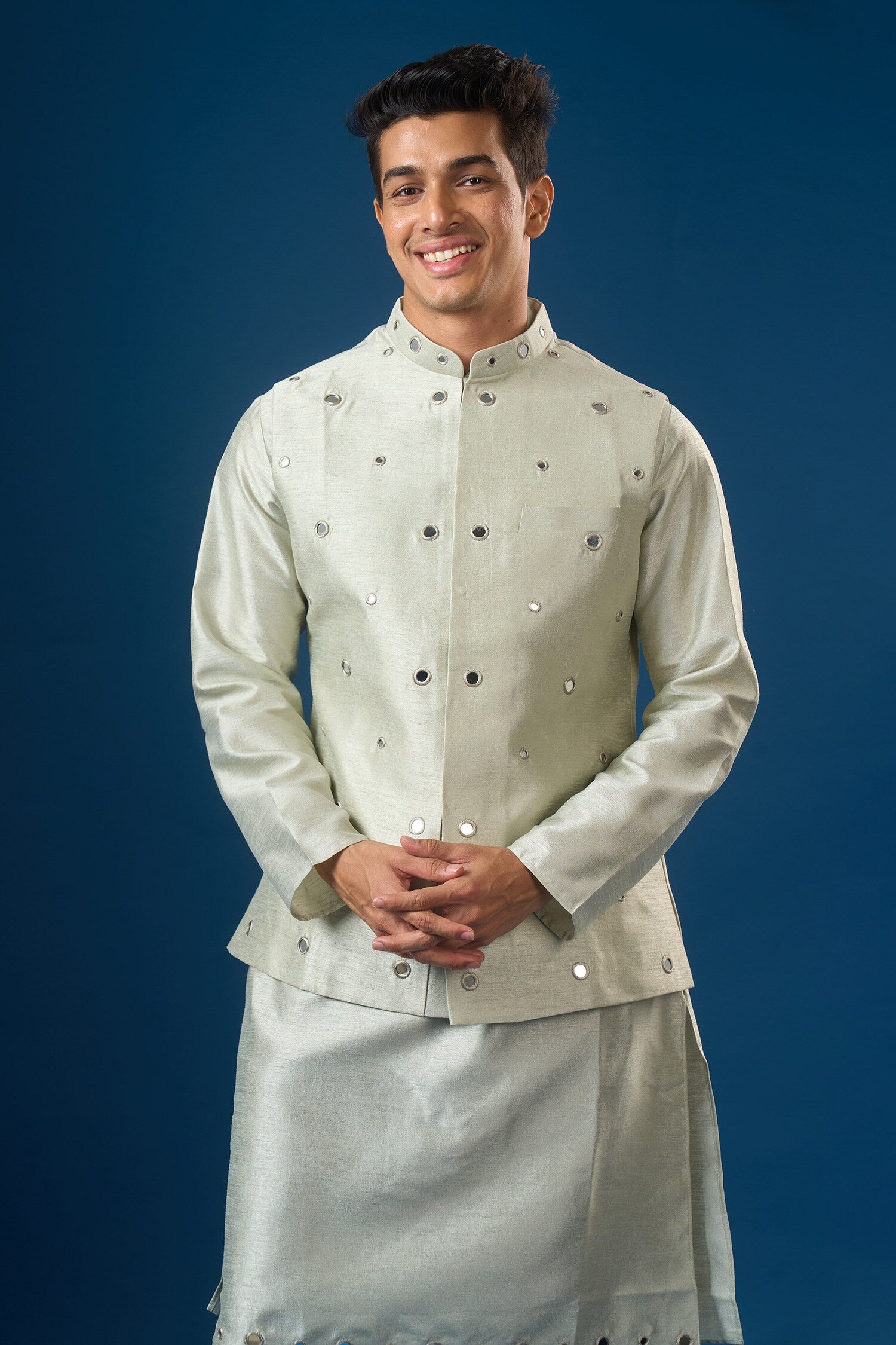 Sage Green Mirror Embroidered Kurta-Bundi Set