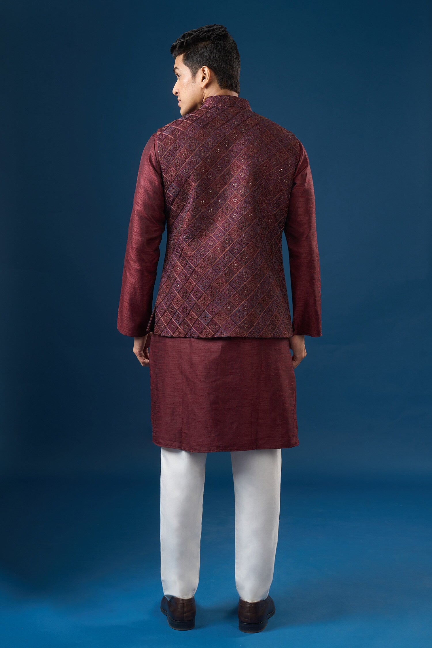 Maroon Embroidered Kurta-Bundi Set