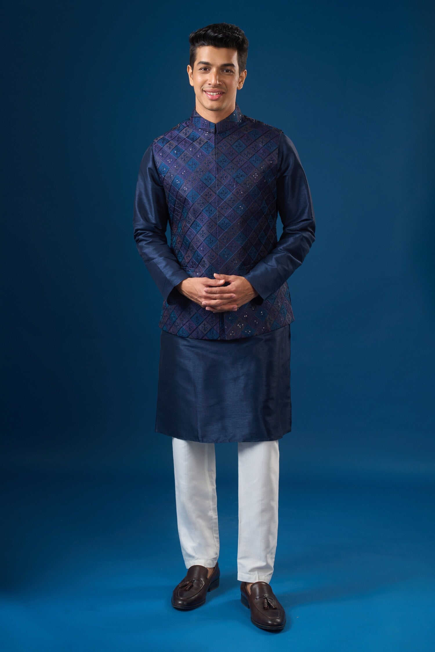 Royal Blue Embroidered Kurta-Bundi Set