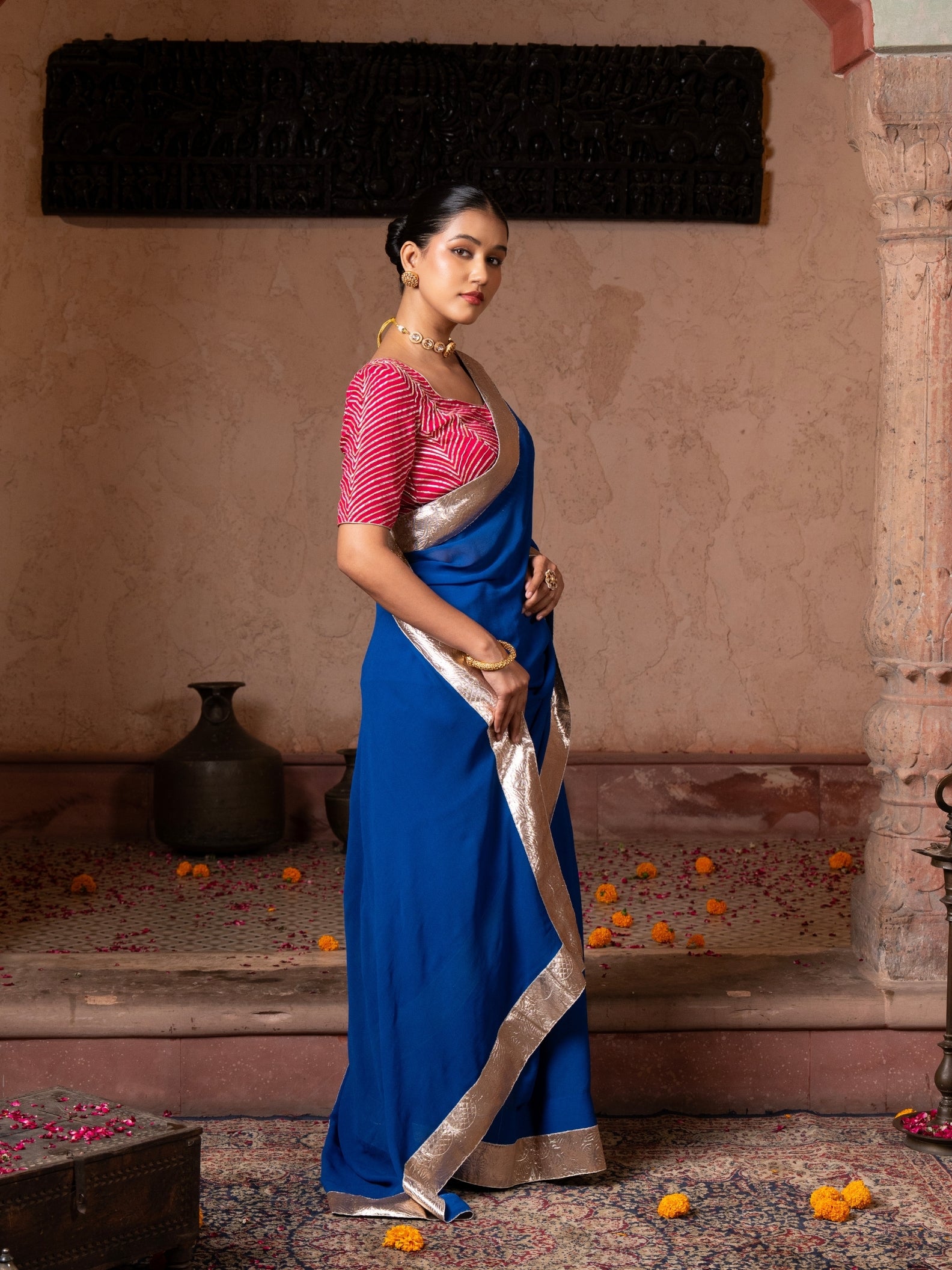 Royal Blue Pure Georgette Handloom Gota Patti Saree