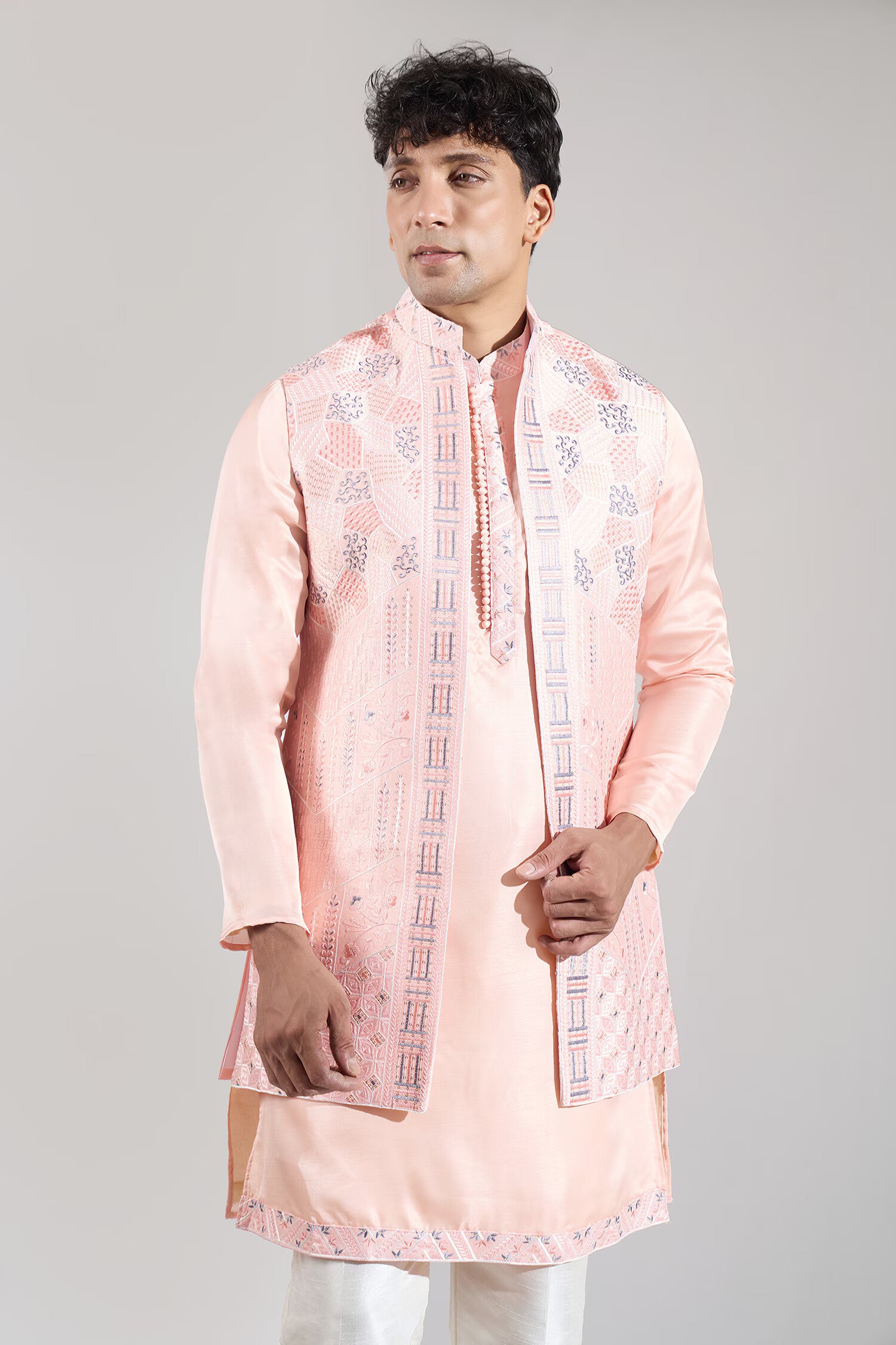 Peach Embroidered Kurta-Jacket Set