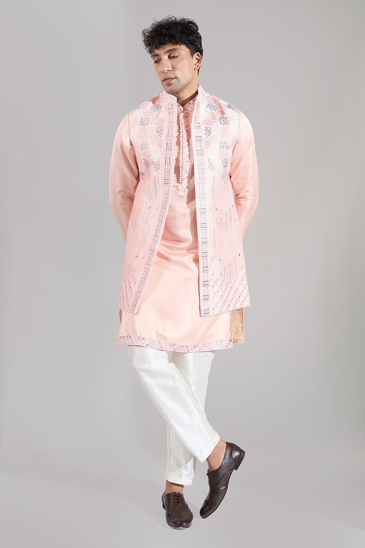 Peach Embroidered Kurta-Jacket Set