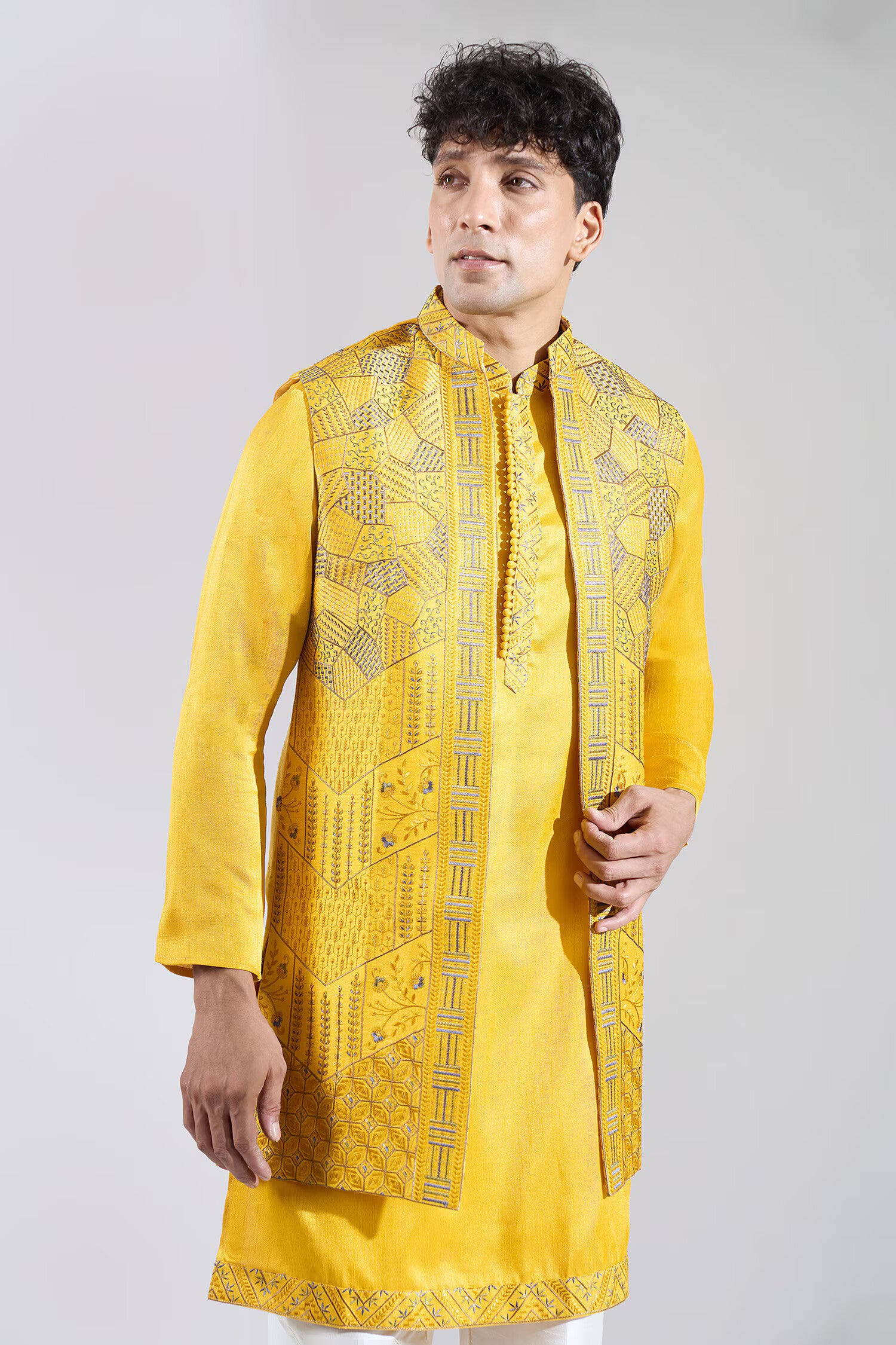 Yellow Embroidered Kurta-Jacket Set