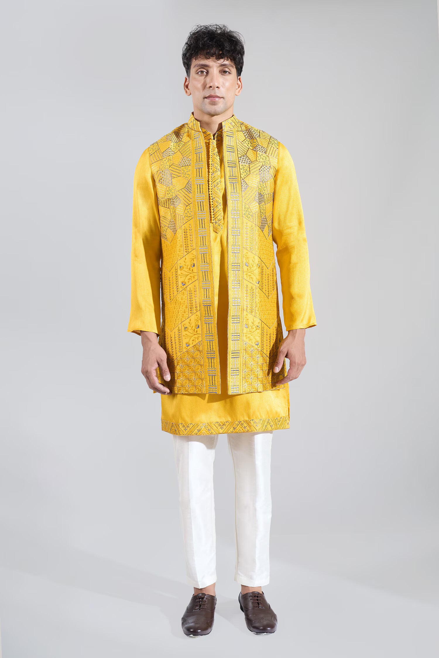 Yellow Embroidered Kurta-Jacket Set