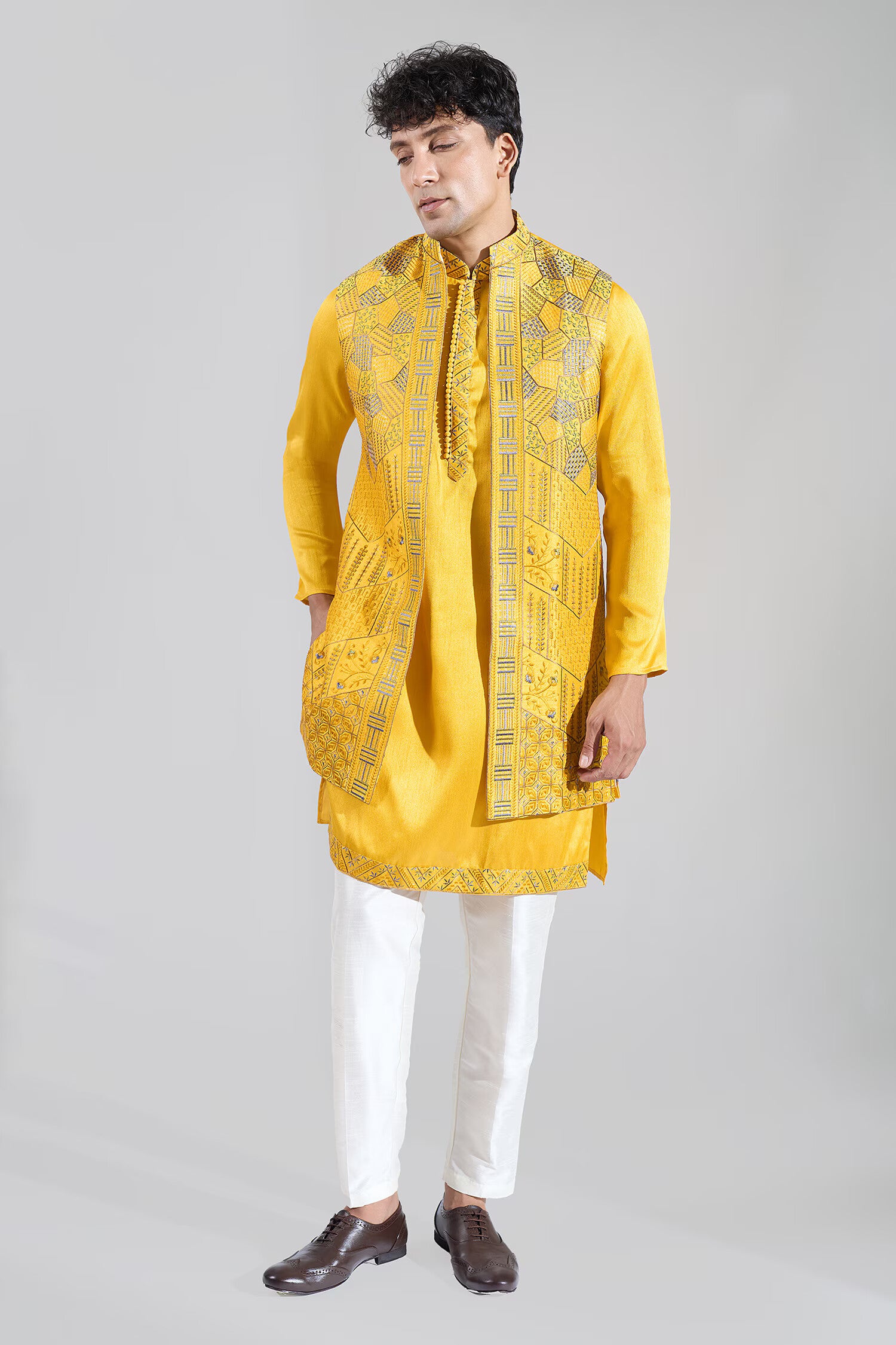 Yellow Embroidered Kurta-Jacket Set