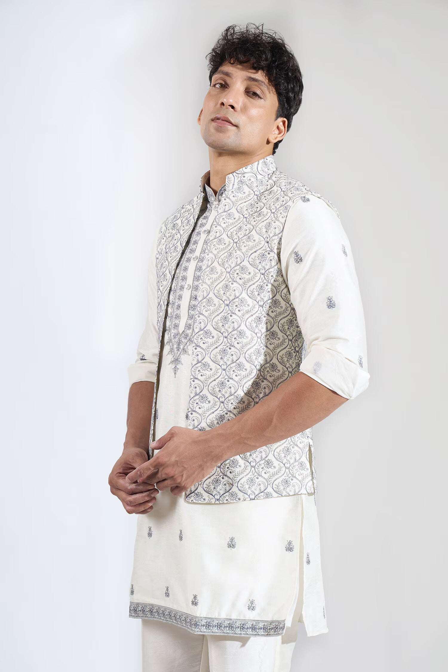 Off White Embroidered Kurta-Jacket Set