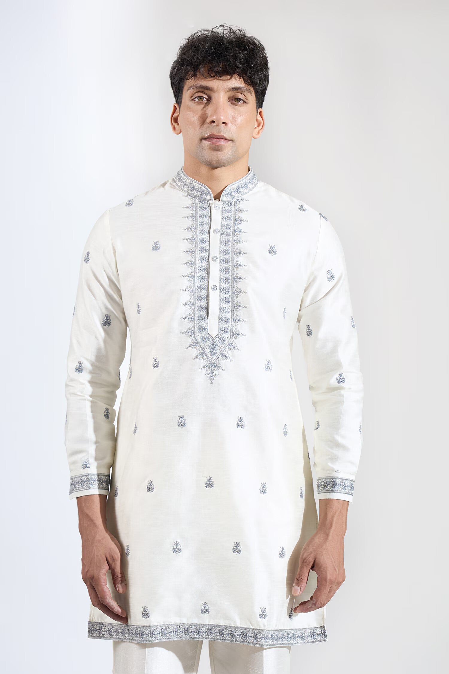 Off White Embroidered Kurta-Jacket Set