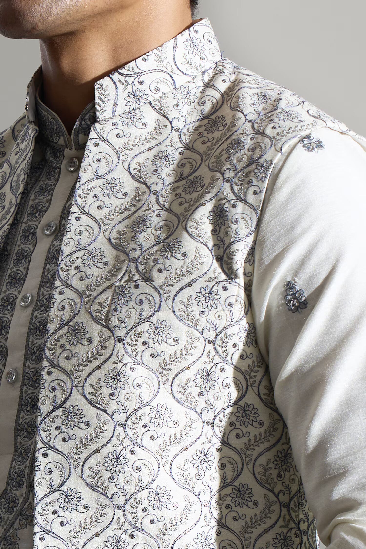 Off White Embroidered Kurta-Jacket Set