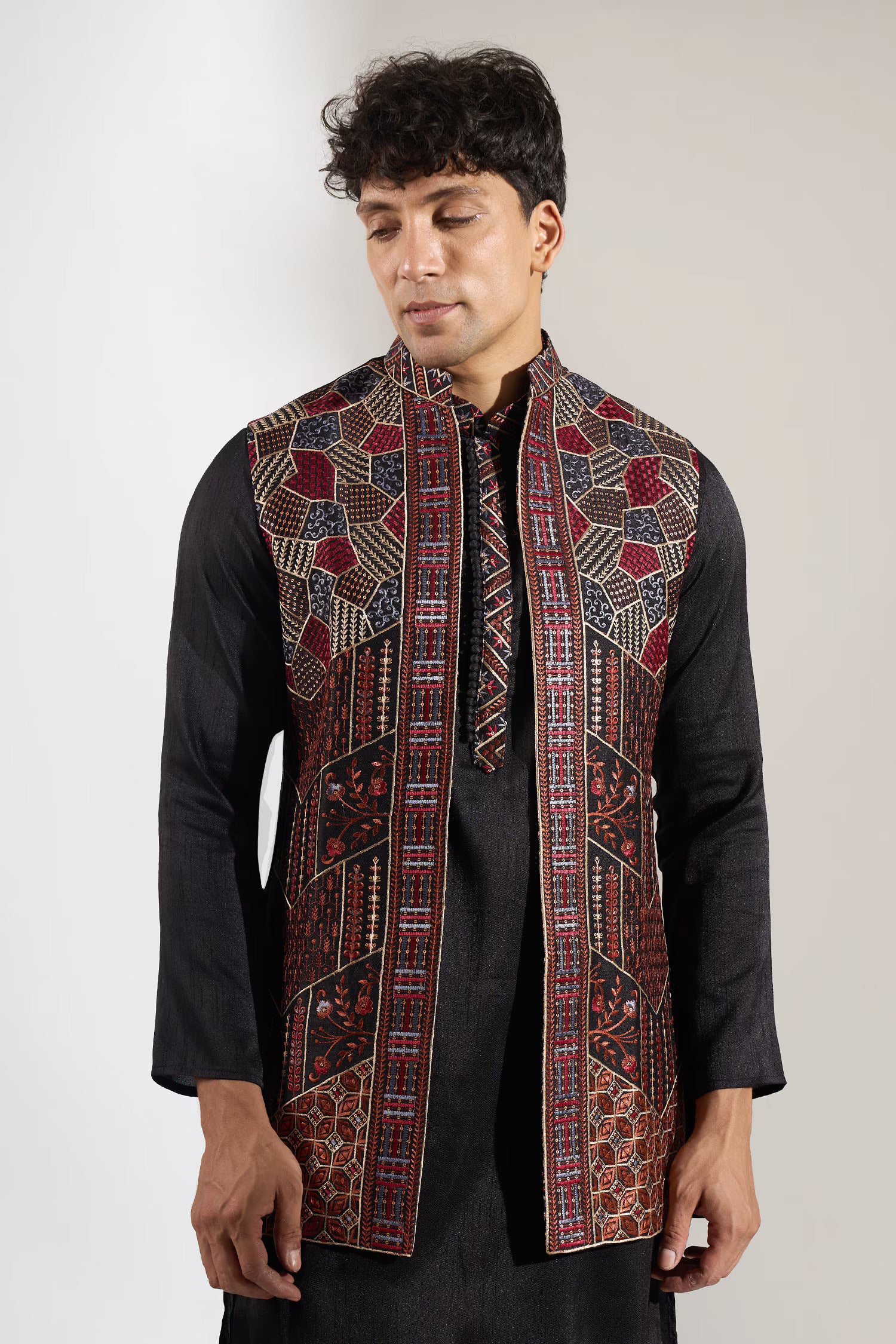 Dark Blue Embroidered Kurta-Jacket Set