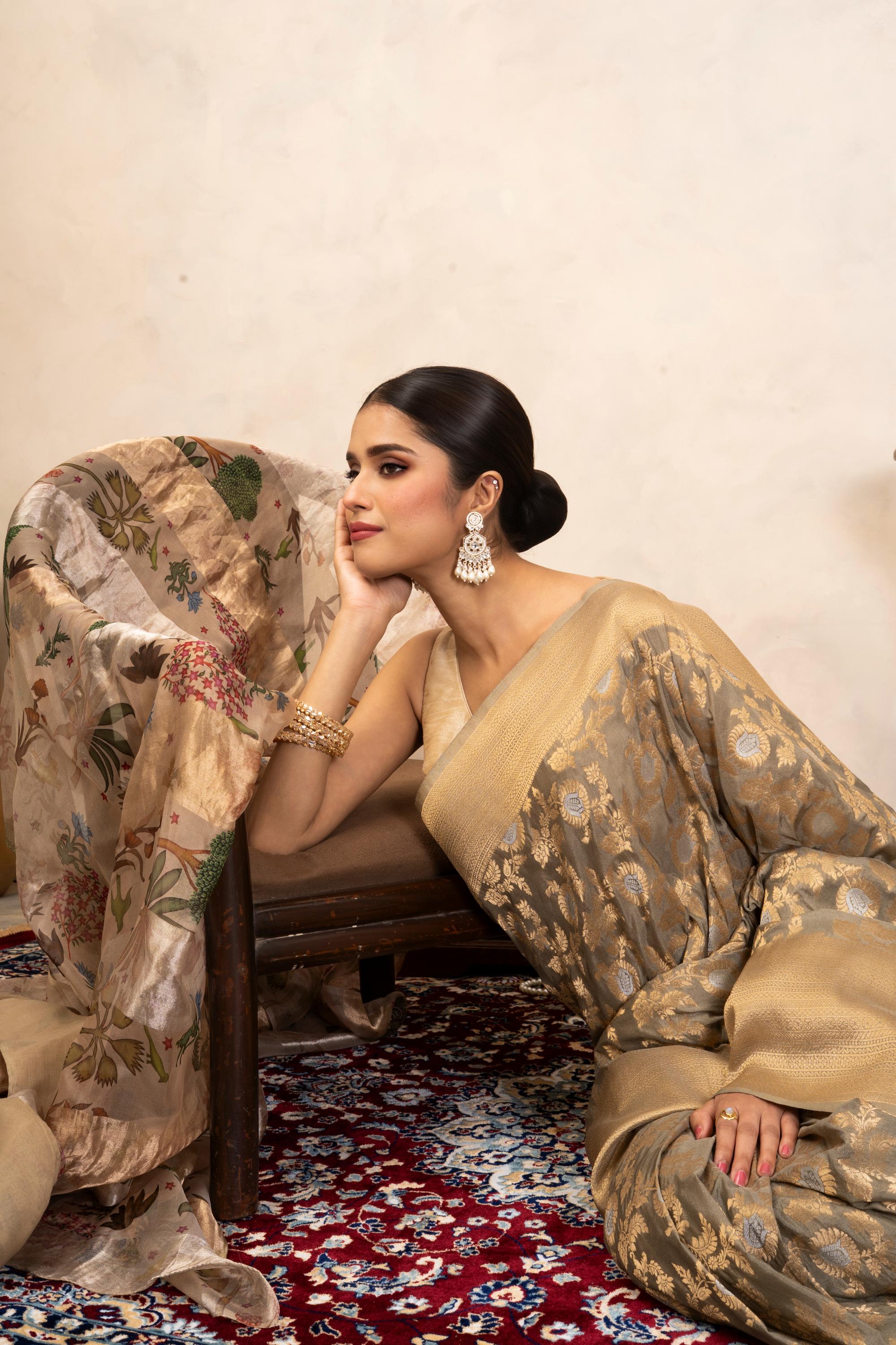 Grey Pure Katan Silk Banarasi Handloom Saree