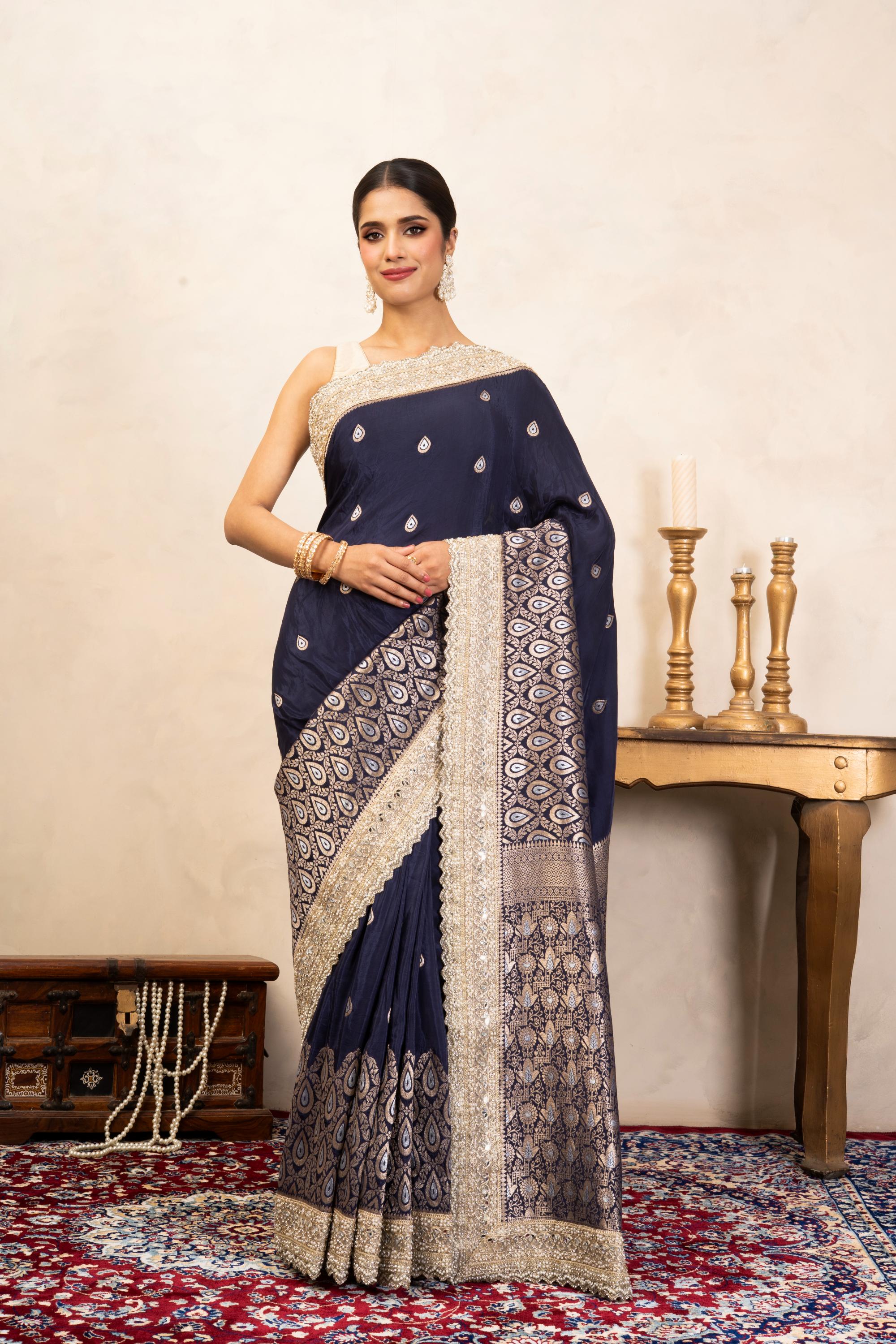 Navy Blue Pure Katan Silk Banarasi Handloom Saree