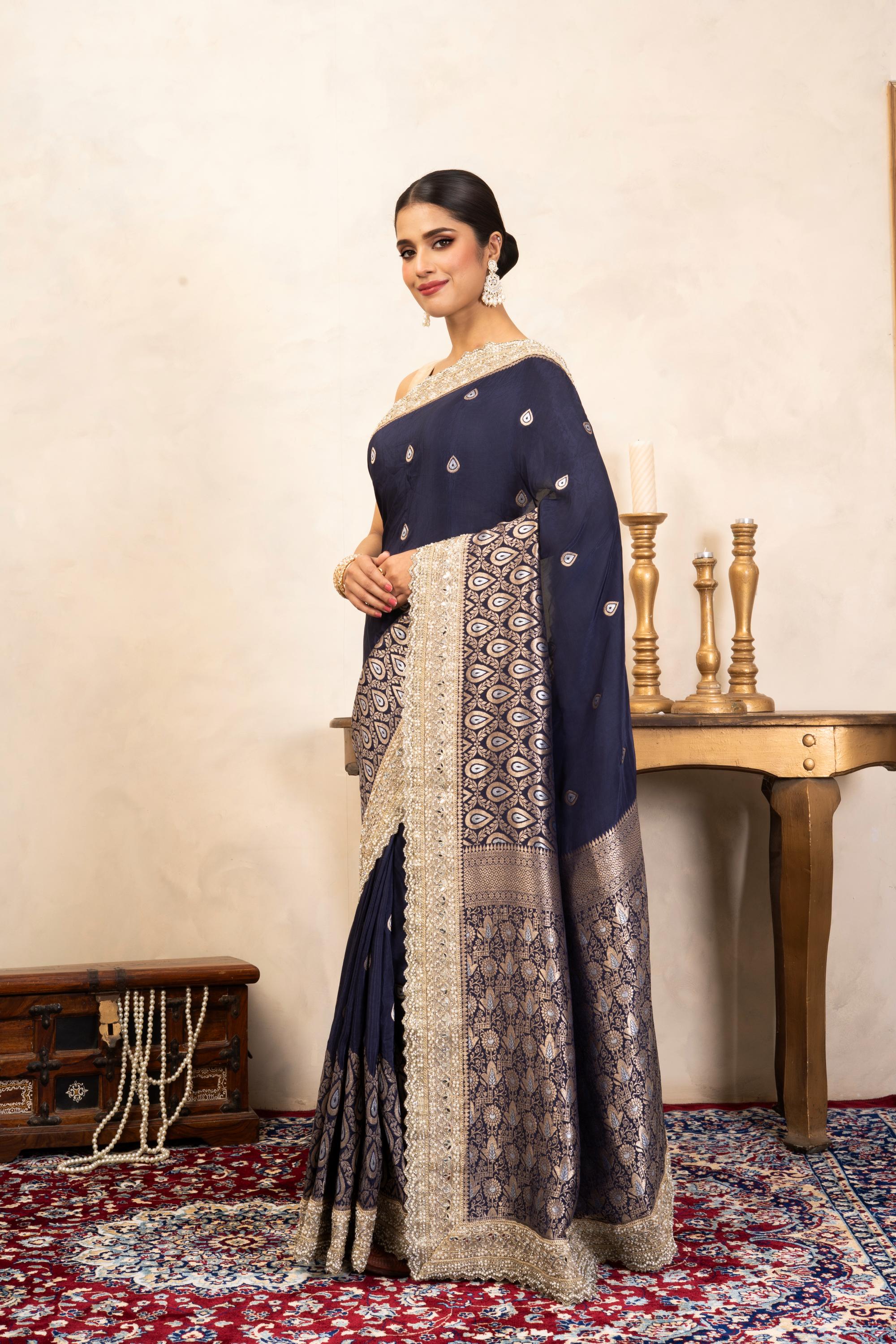 Navy Blue Pure Katan Silk Banarasi Handloom Saree
