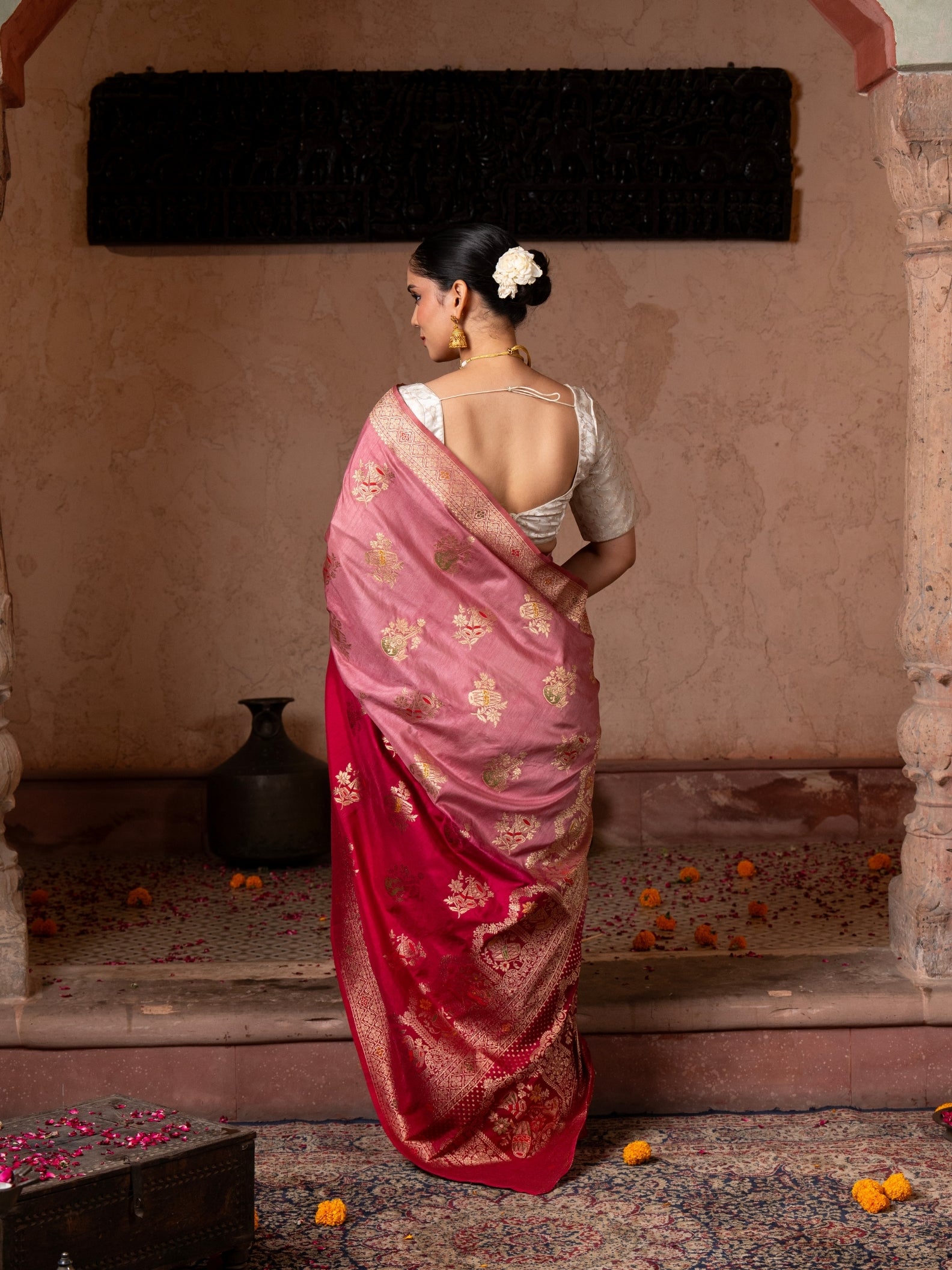 Red Pink Motif Pure Katan Silk Banarasi Handloom Saree