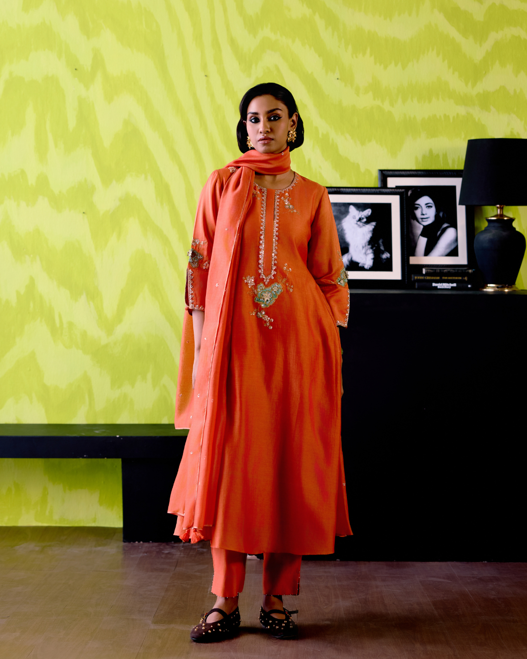Rust Orange Side Panelled A-Line Kurta Set