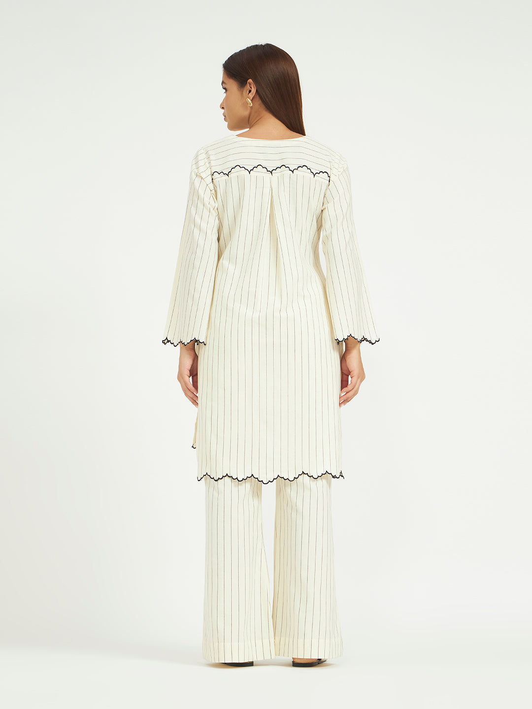 White Pinstripe Co-ord Set with Scalloped Hem