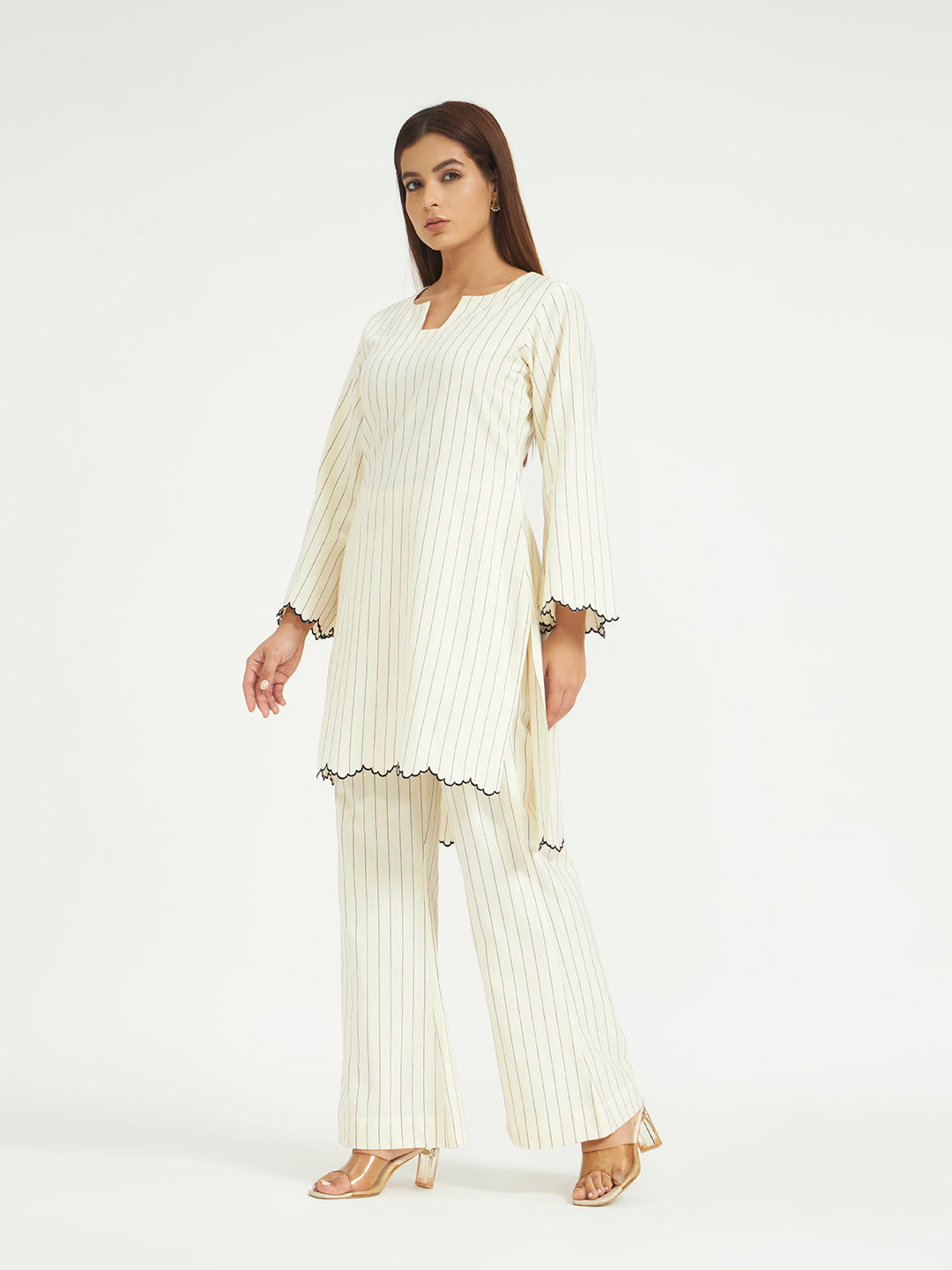 White Pinstripe Co-ord Set with Scalloped Hem