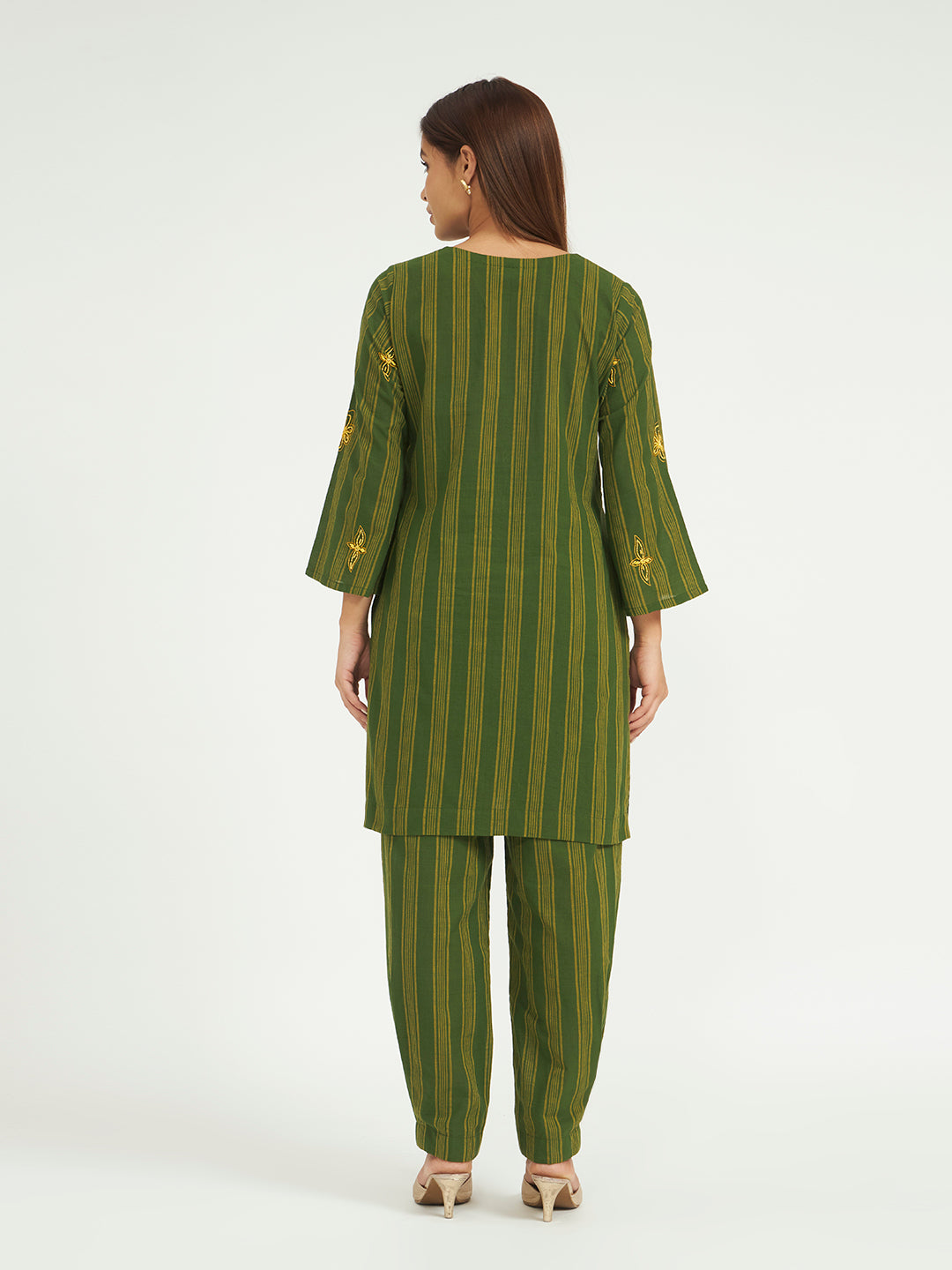 Green Striped Kurta Set with Embroidery