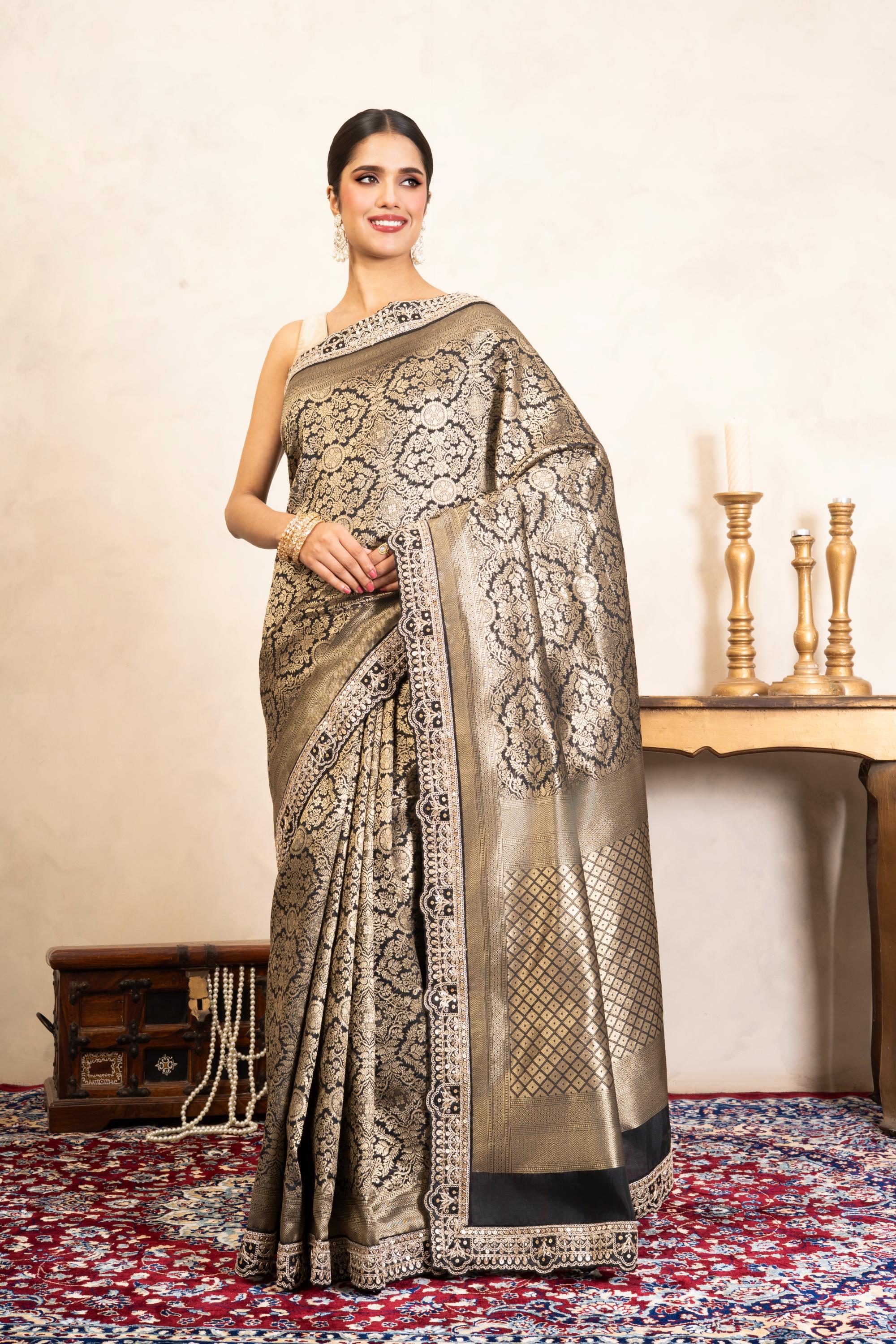 Black Pure Katan Brocade Banarasi Handloom Saree