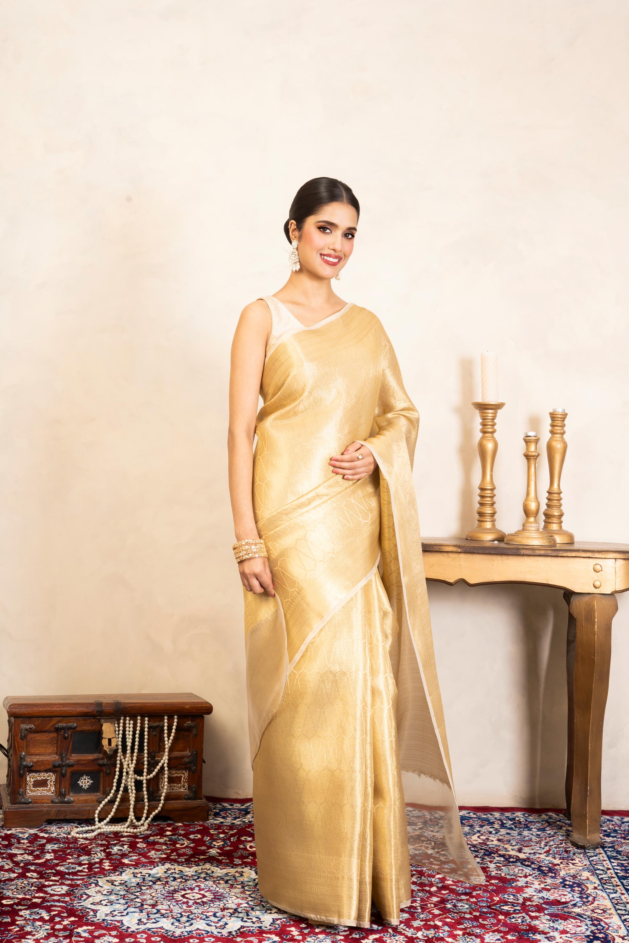 Golden Pure Katan Kanjeevaram Silk Banarasi Handloom Saree