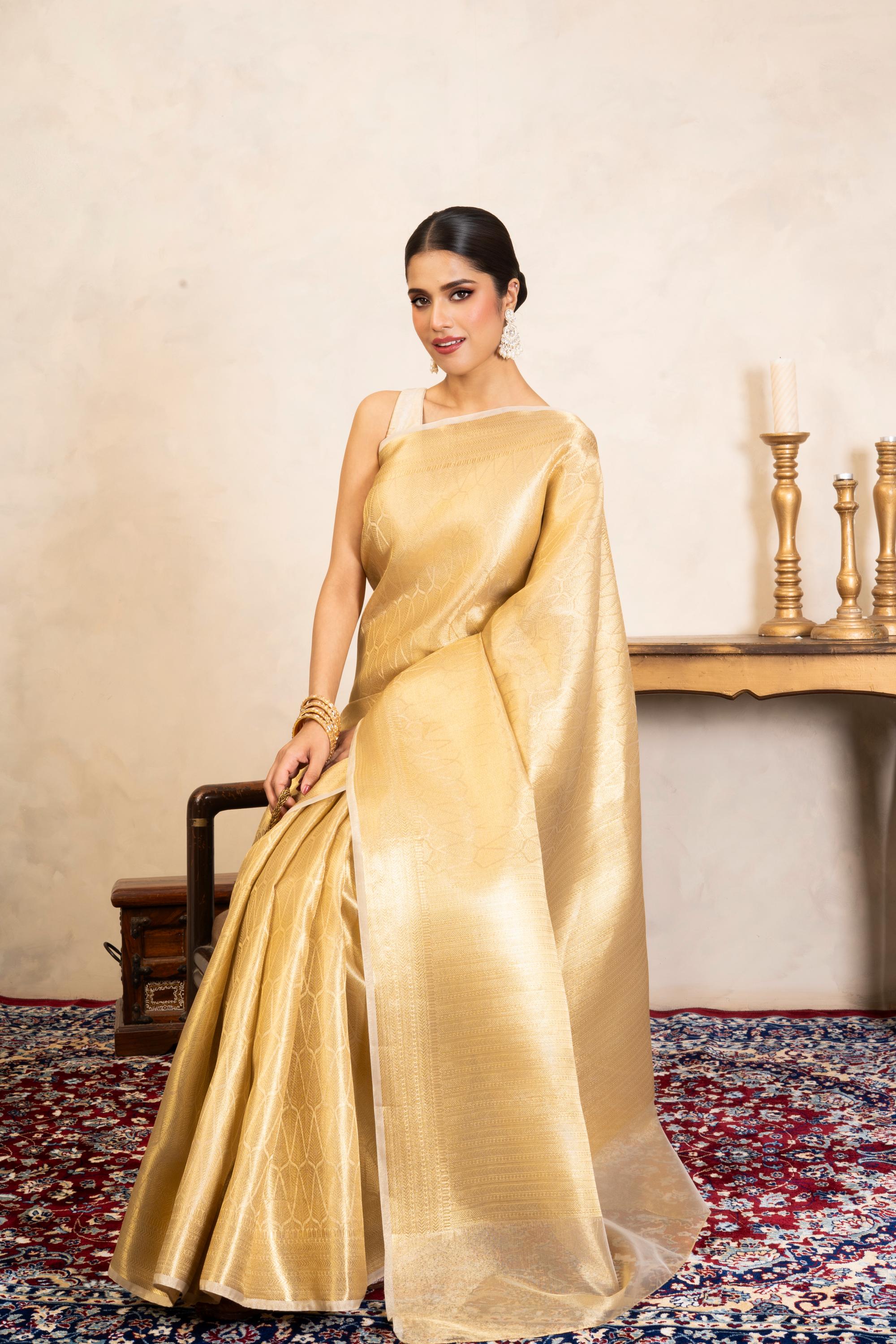 Golden Pure Katan Kanjeevaram Silk Banarasi Handloom Saree