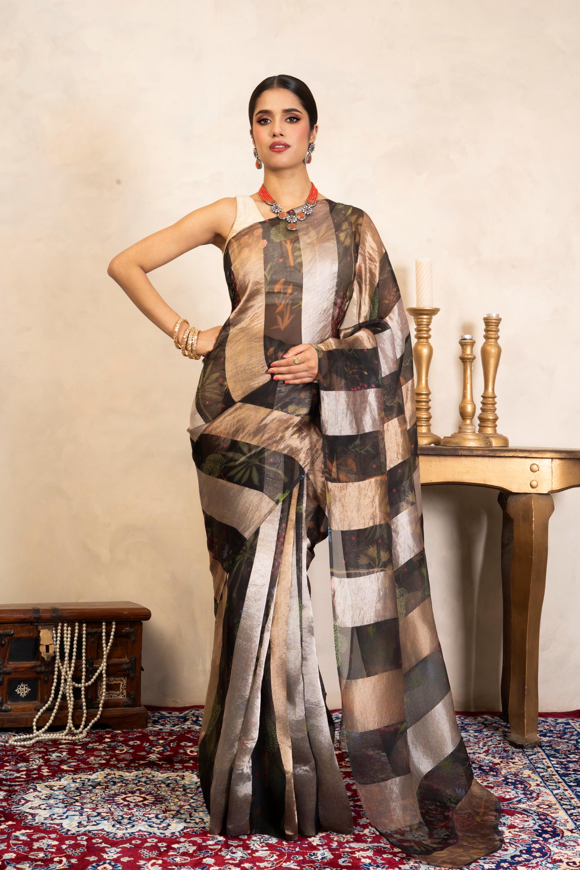 Black Pure Organza Silk Banarasi Handloom Digital Print Saree